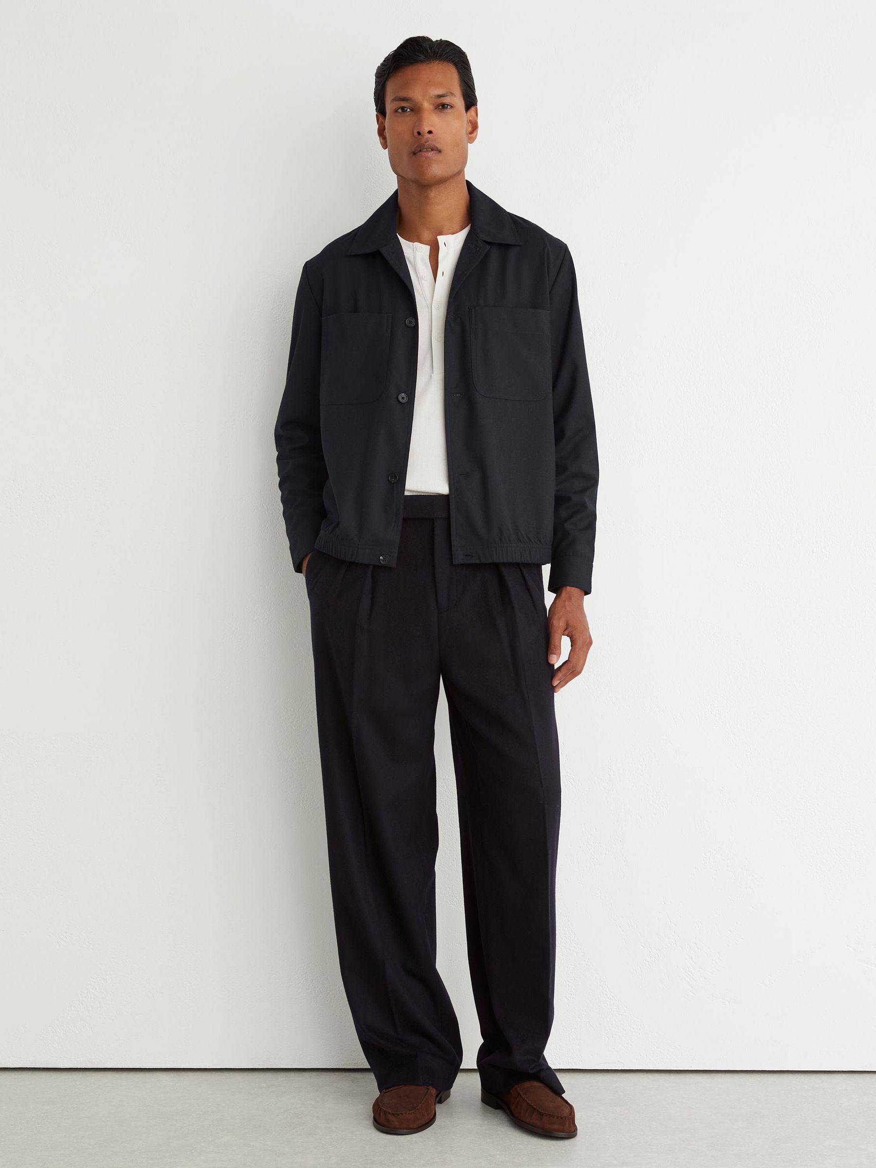 Brushed Twin-Pocket Overshirt with Wool in Navy - Image 4 of 8