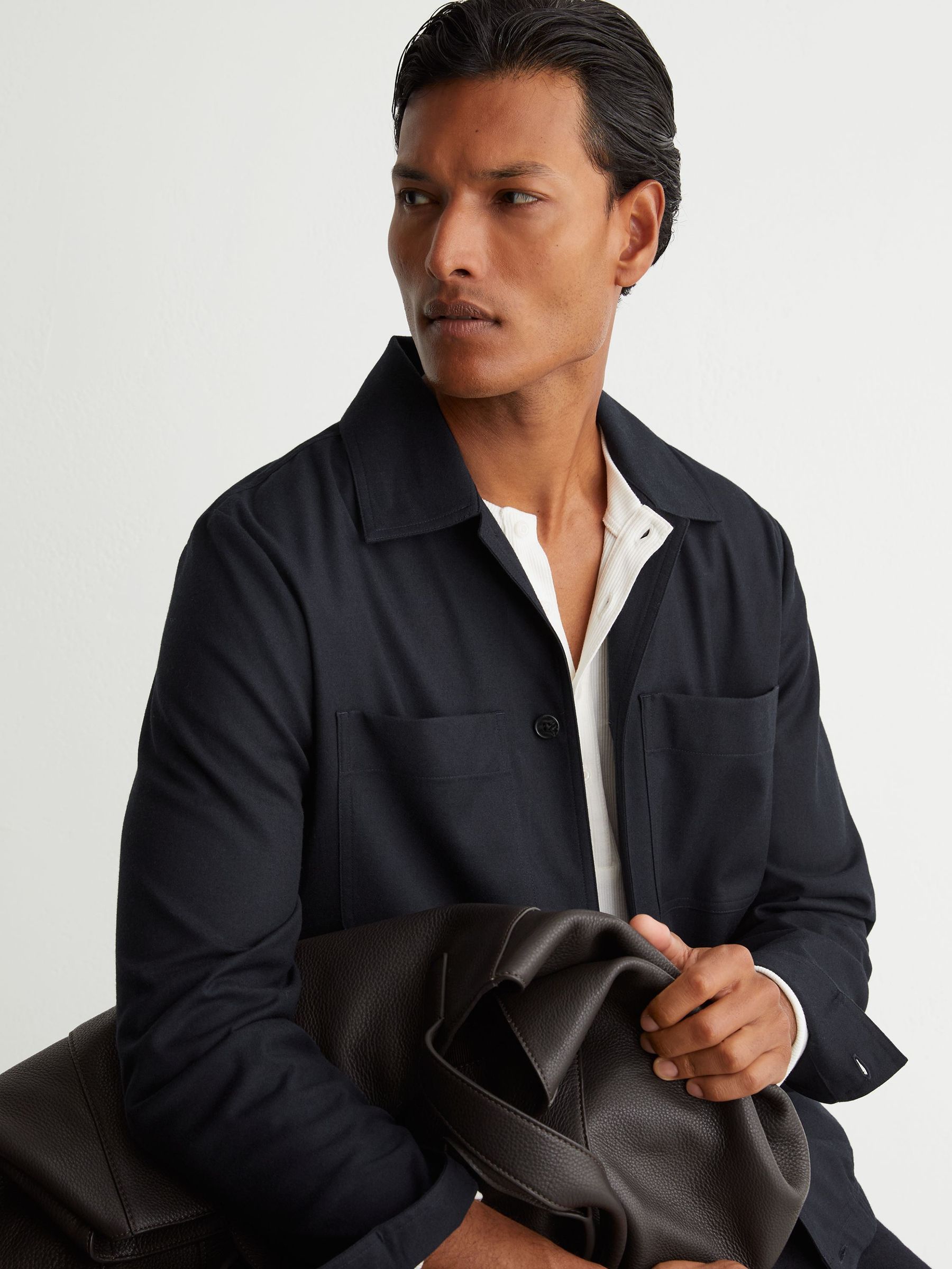 Brushed Twin-Pocket Overshirt with Wool in Navy - Image 7 of 8