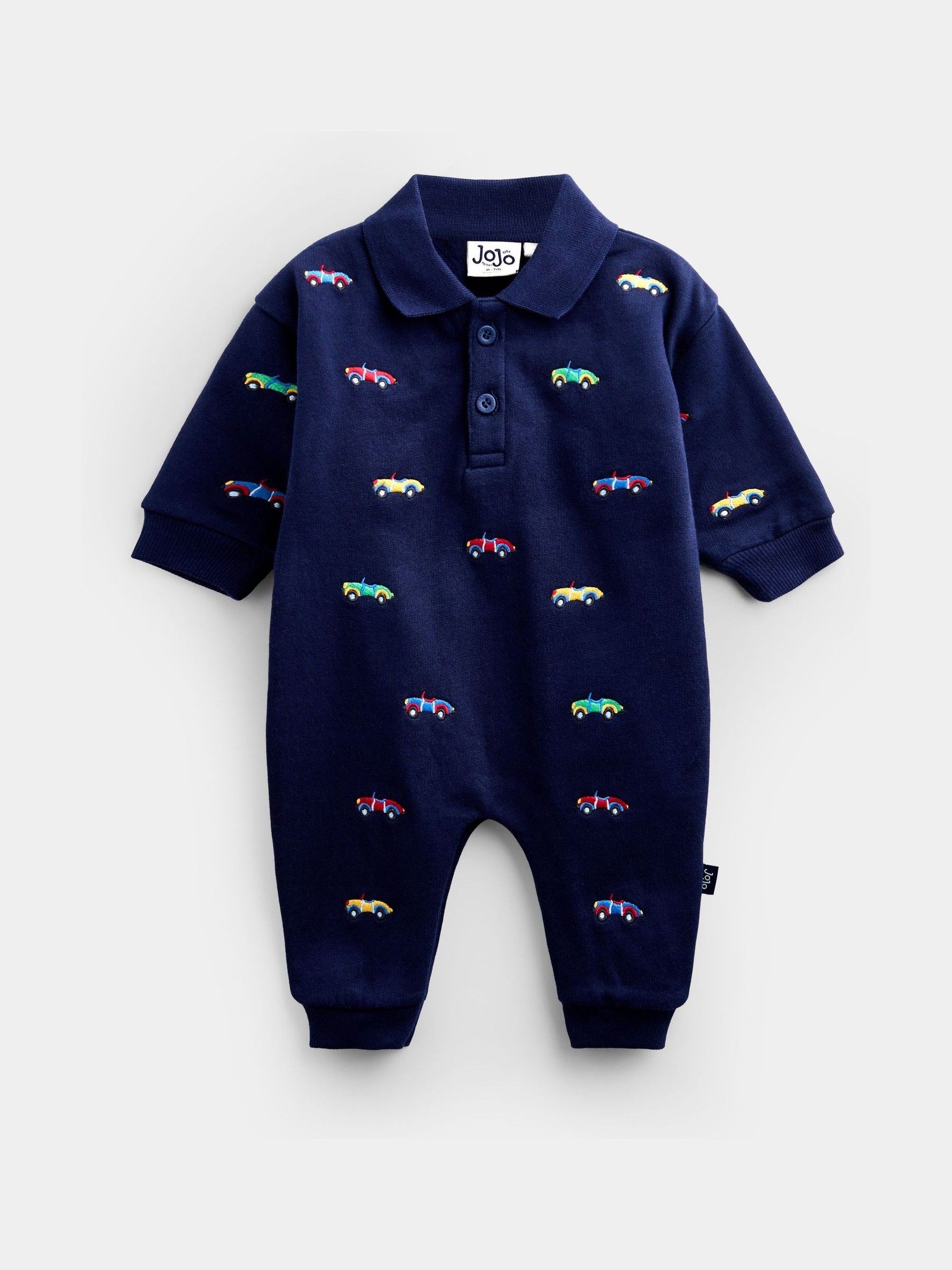 Navy Blue Car Embroidered Polo Romper - Image 1 of 4