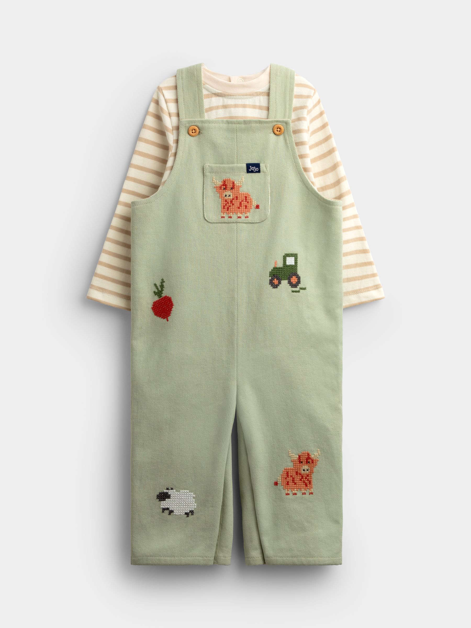 Sage Green Cross Stitch Farm Dungaree Set - Image 1 of 6 Sage Green Cross Stitch Farm Dungaree Set - Image 1 of 6