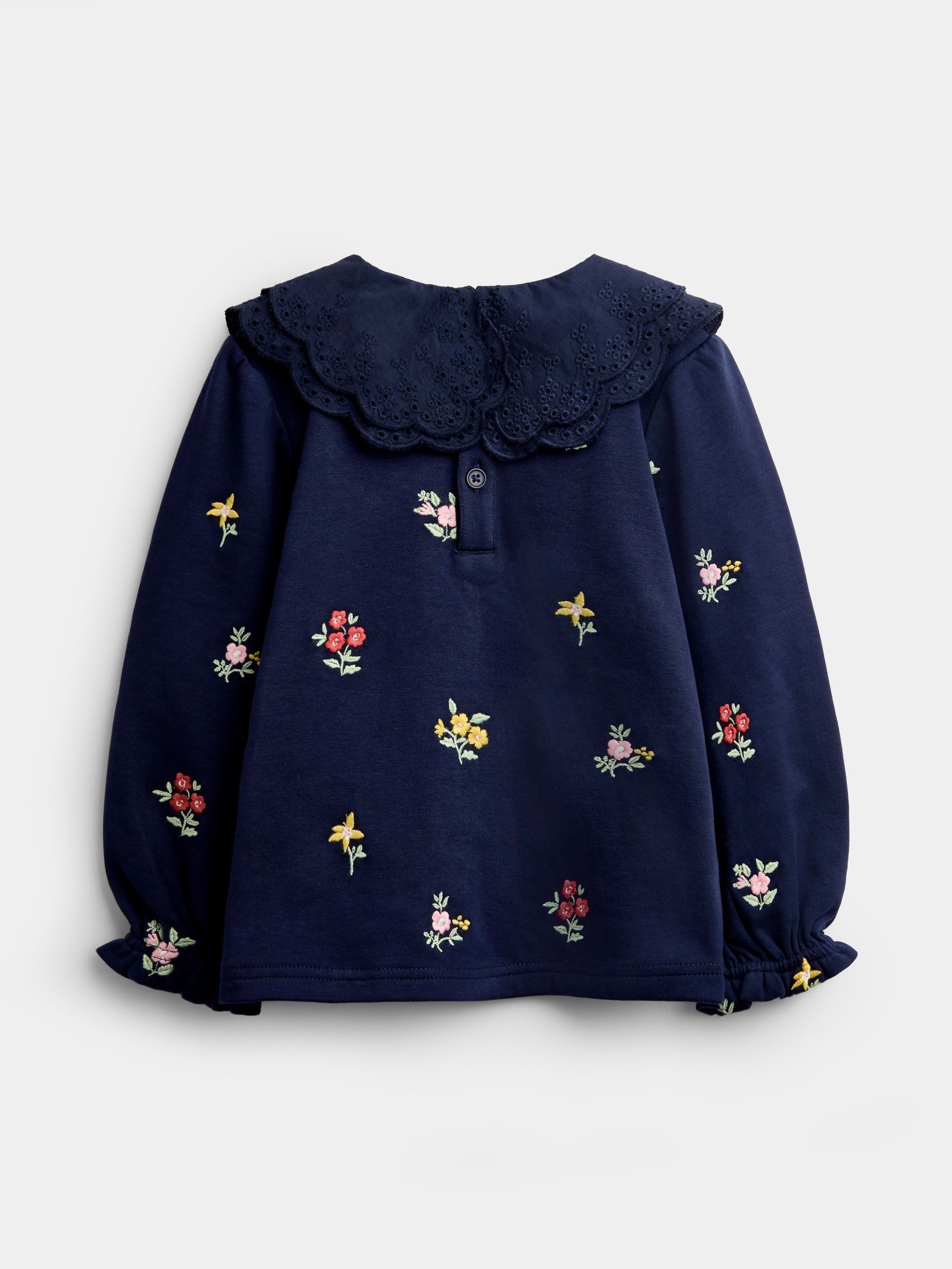 Navy Blue Floral Embroidered Broderie Collar Top - Image 2 of 4