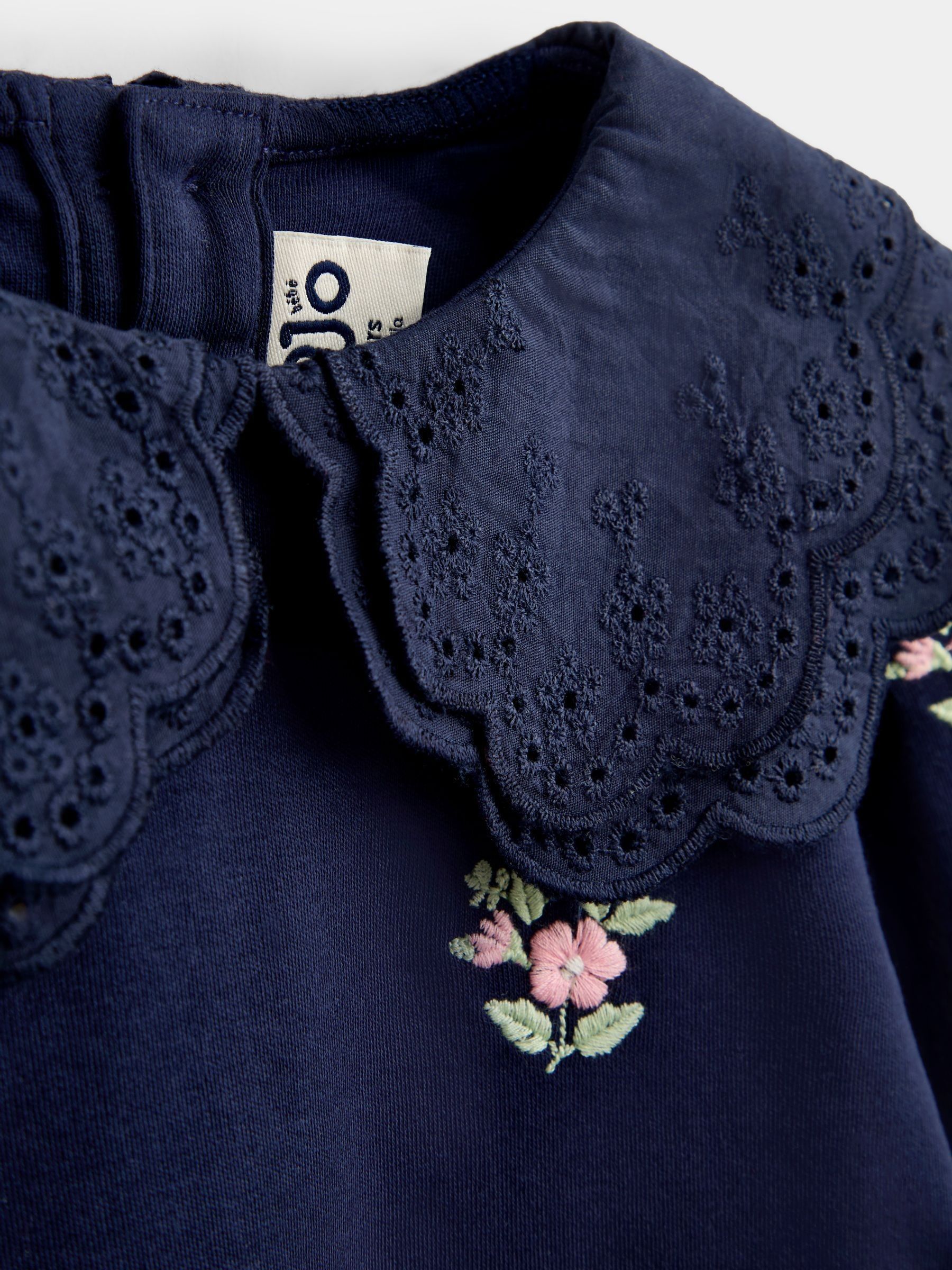 Navy Blue Floral Embroidered Broderie Collar Top - Image 3 of 4