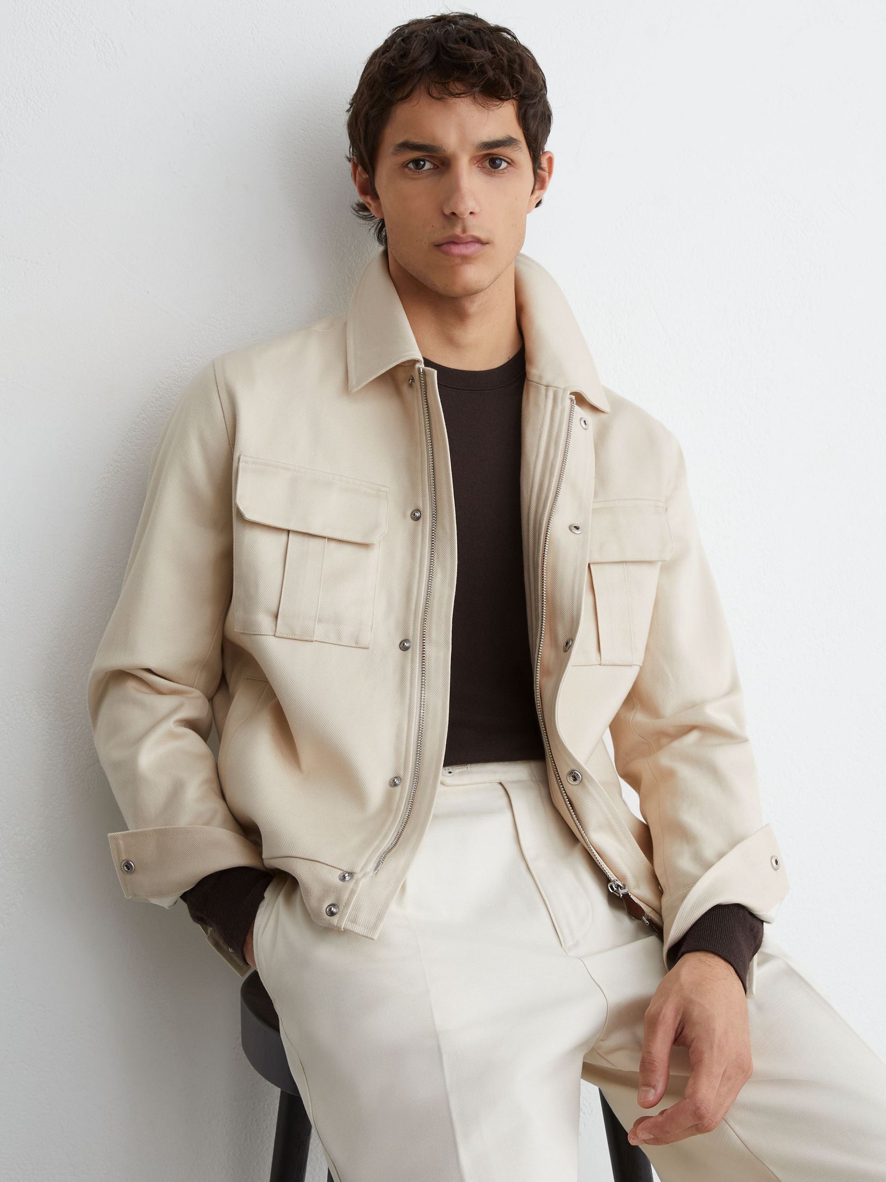 Lyocell-Cotton Twill Bomber Jacket in Stone - Image 1 of 8