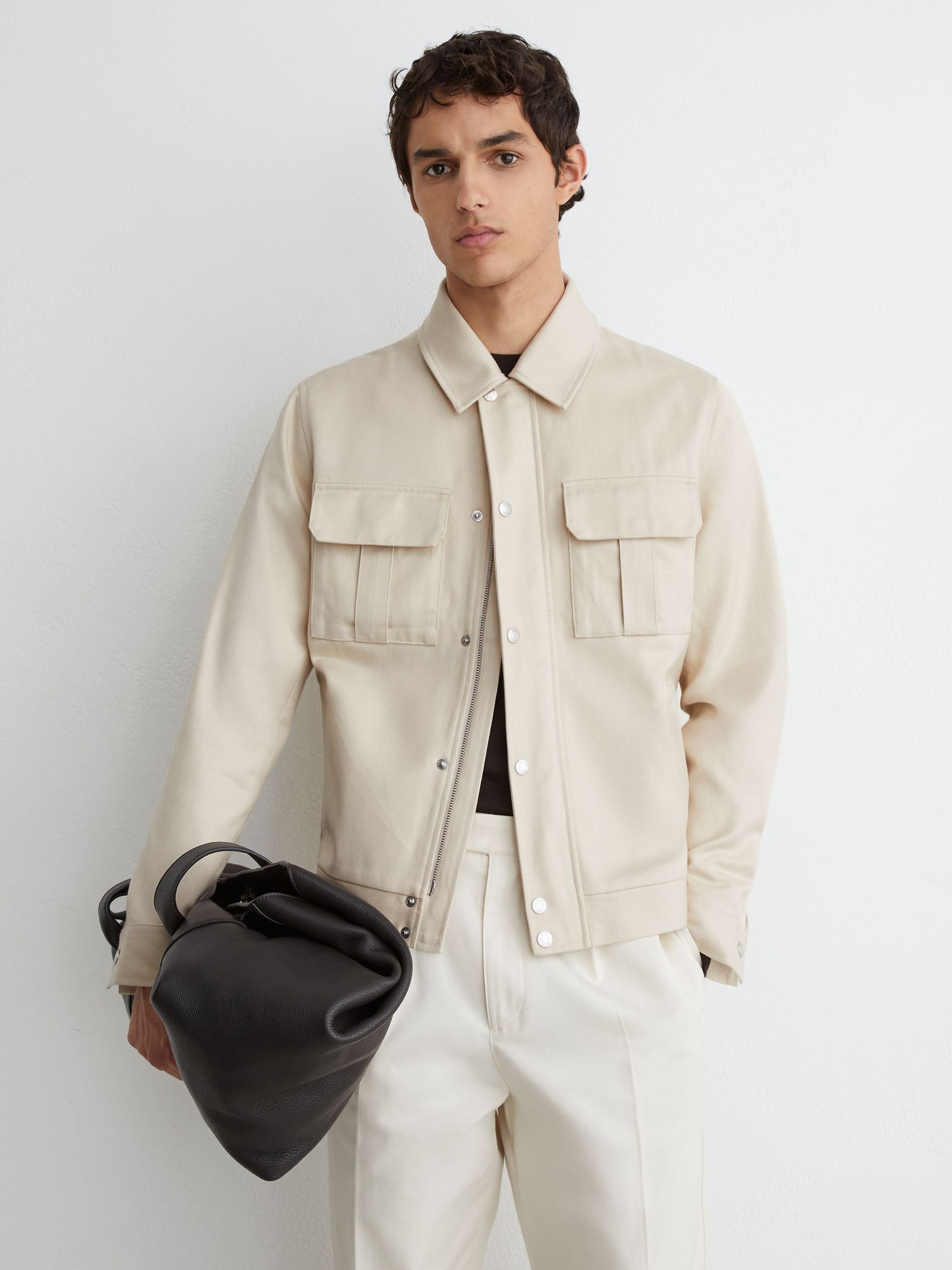 Lyocell-Cotton Twill Bomber Jacket in Stone - Image 7 of 8