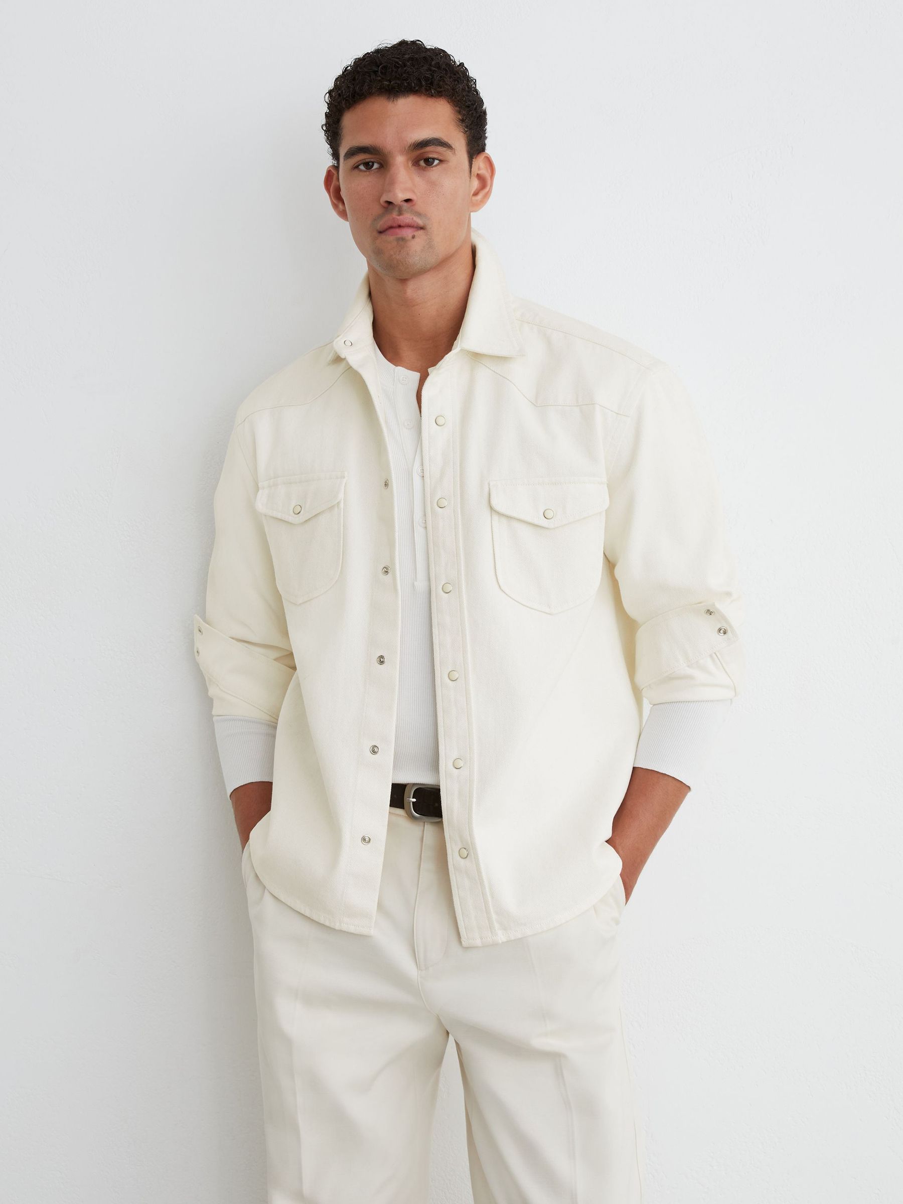 Western Press-Stud Denim Overshirt in White - Image 1 of 7