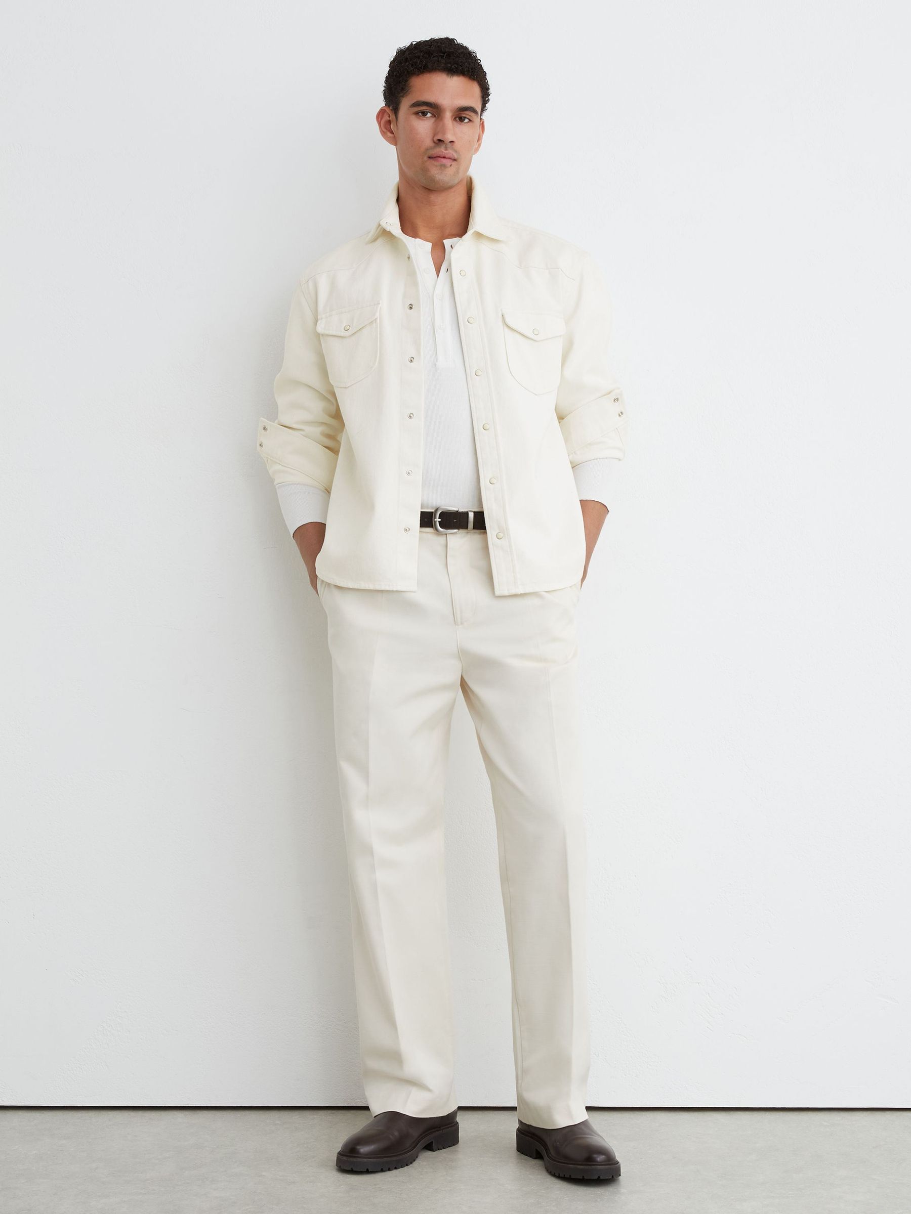Western Press-Stud Denim Overshirt in White - Image 3 of 7