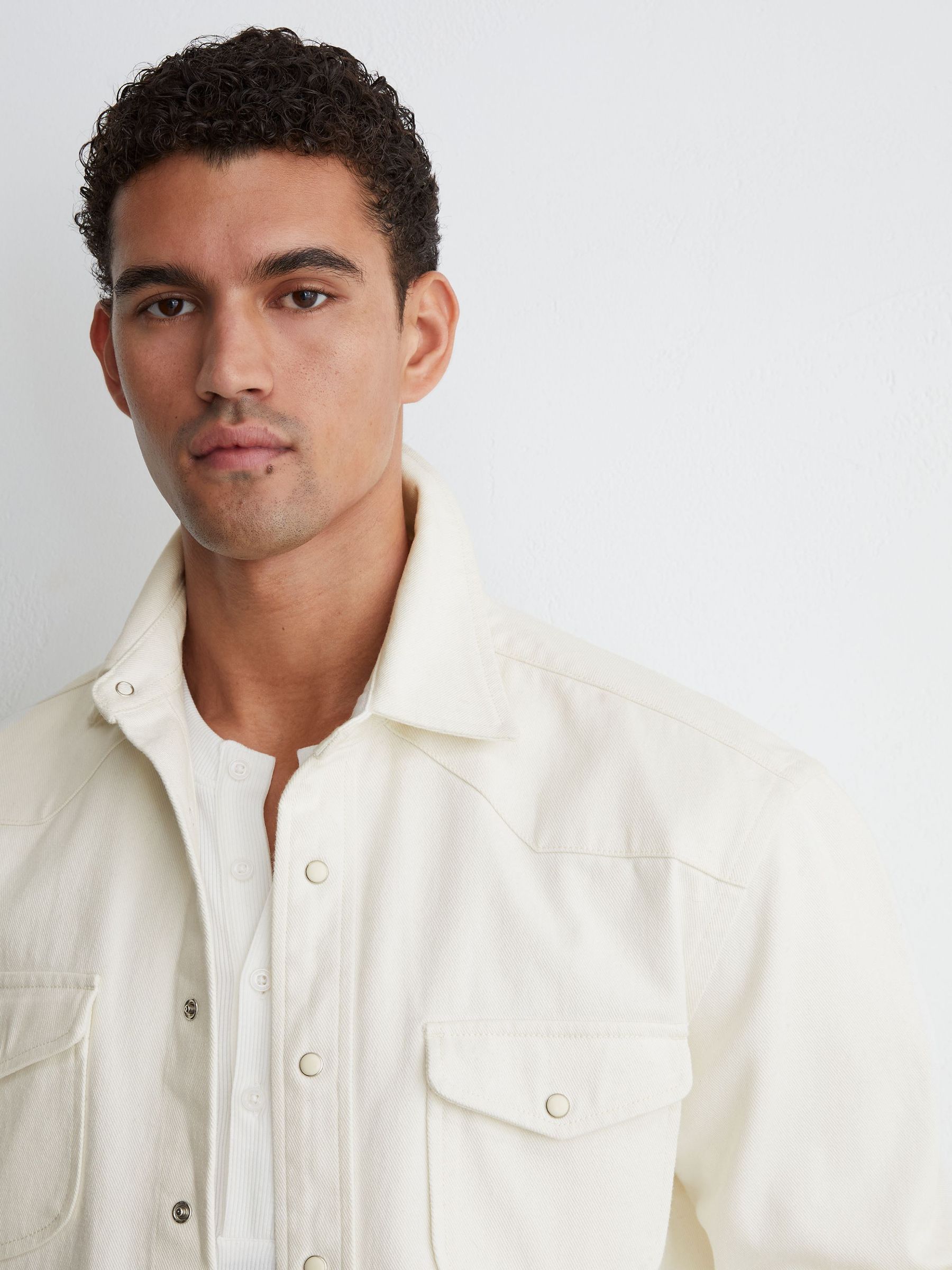 Western Press-Stud Denim Overshirt in White - Image 5 of 7