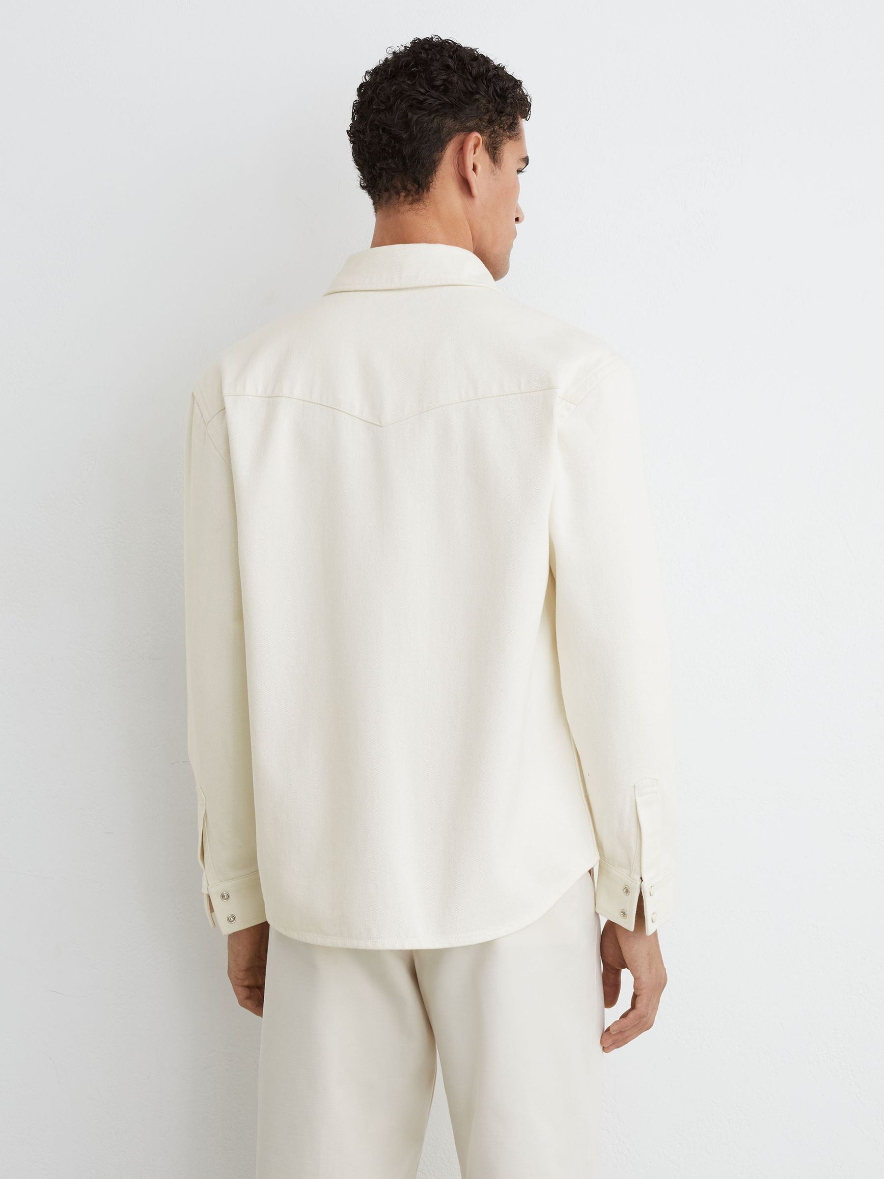 Western Press-Stud Denim Overshirt in White - Image 6 of 7