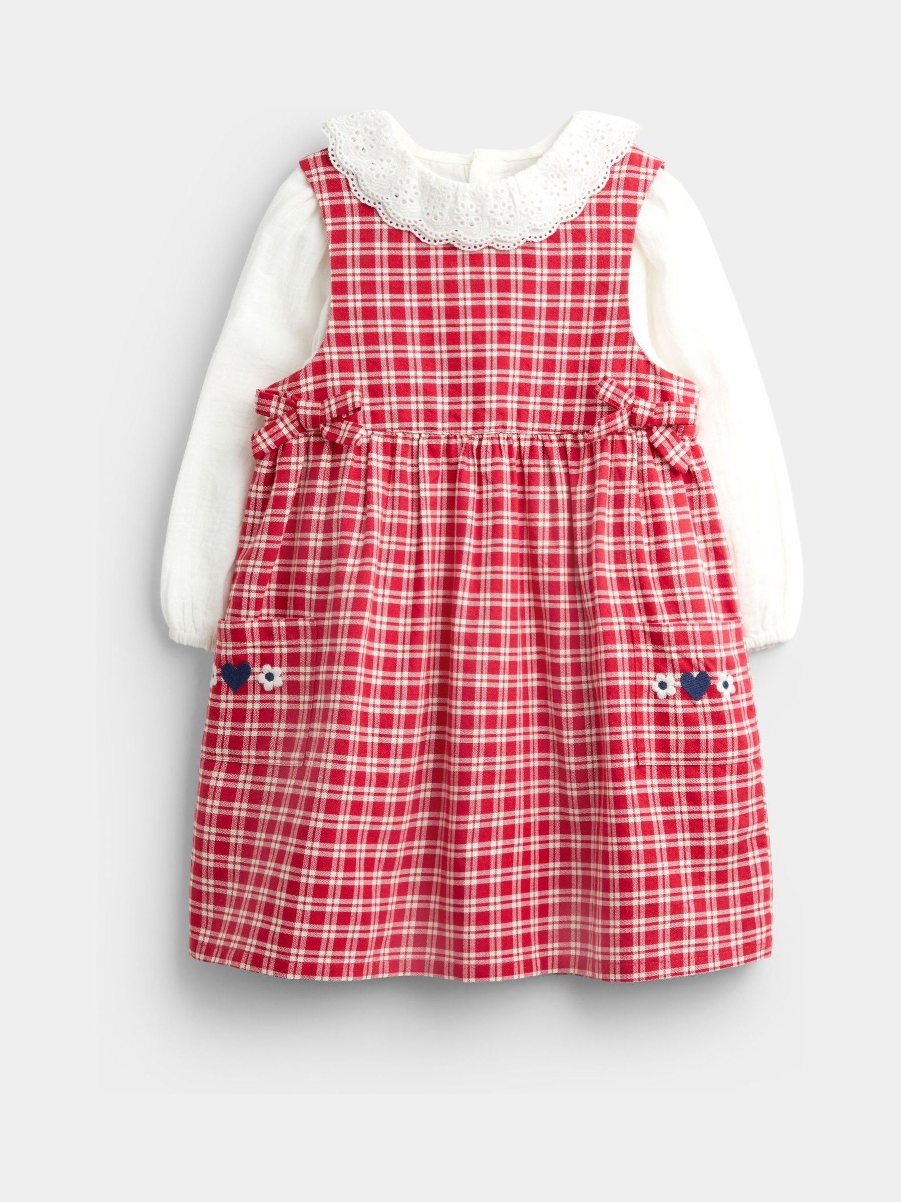 Bright Red Check Embroidered Pinafore Dress & Blouse Set - Image 1 of 7