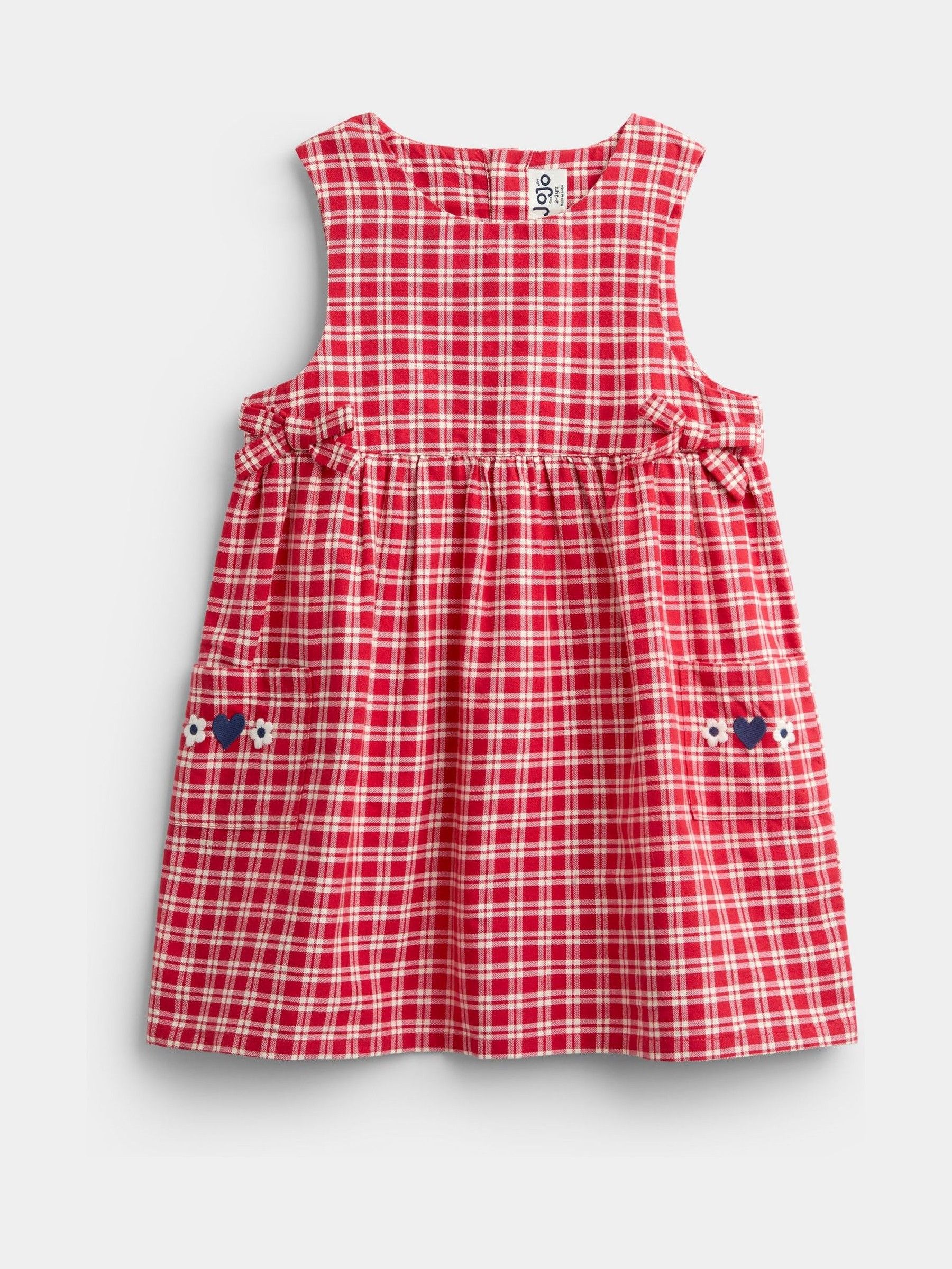 Bright Red Check Embroidered Pinafore Dress & Blouse Set - Image 4 of 7