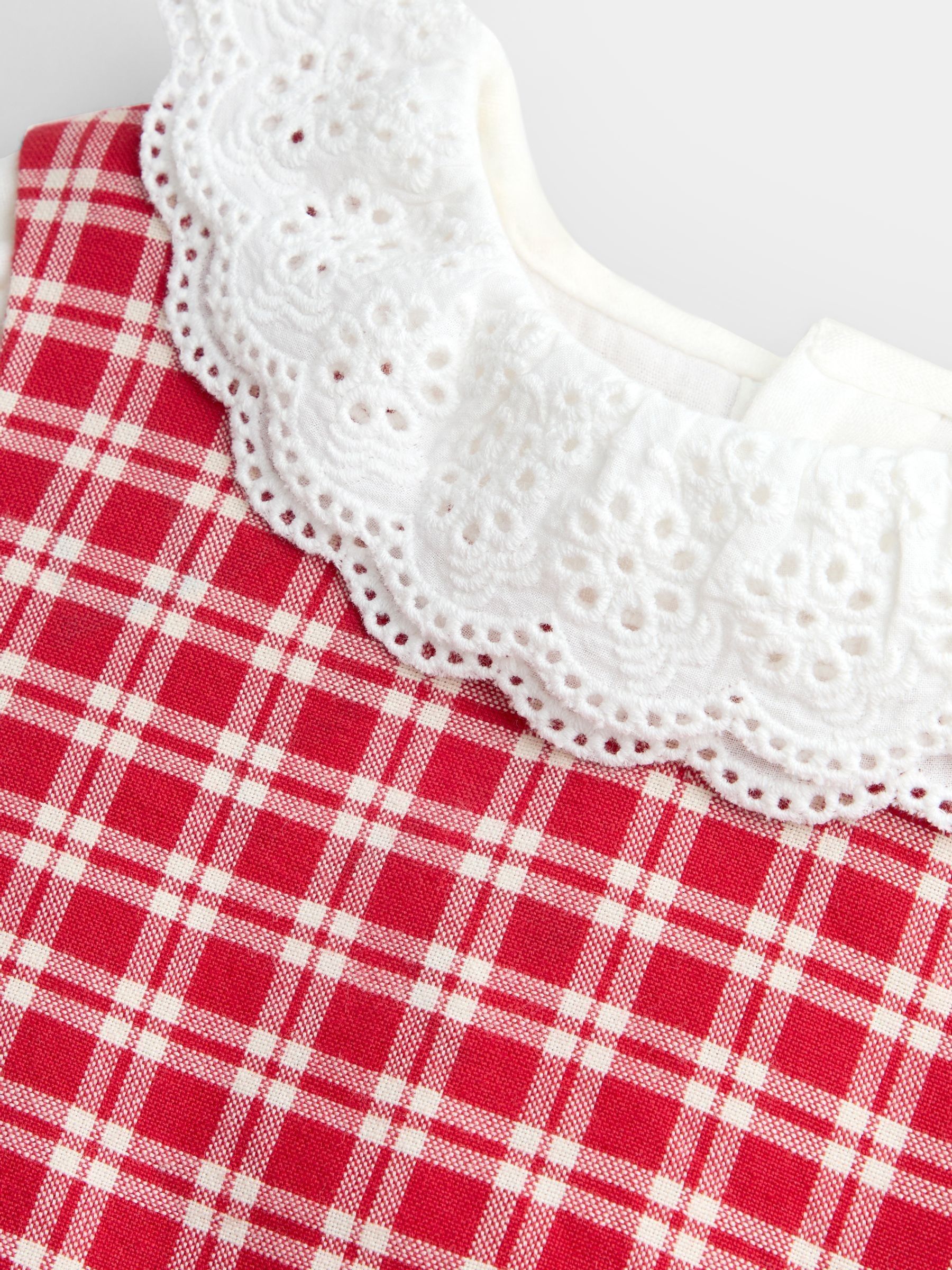 Bright Red Check Embroidered Pinafore Dress & Blouse Set - Image 6 of 7