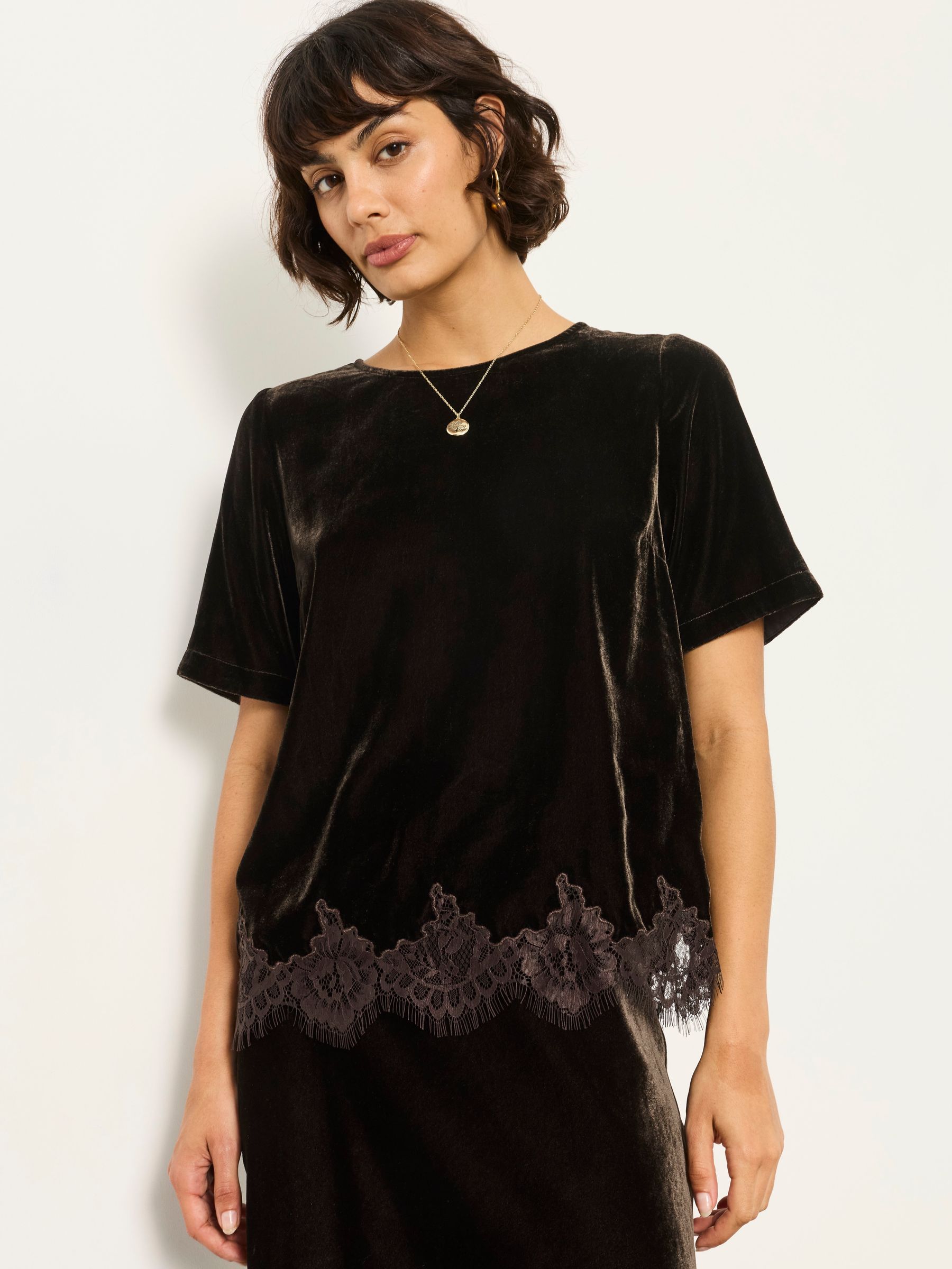 Maddie Chocolate Brown Petite Velvet Blouse - Image 1 of 6