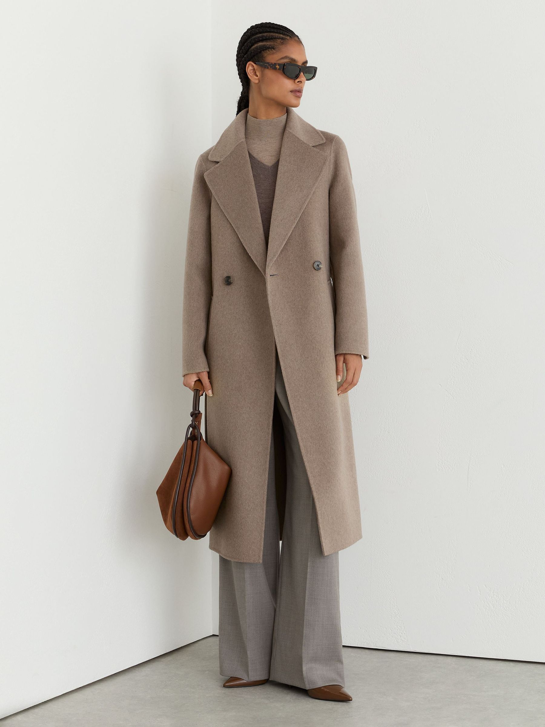 Wool-Blend Double-Breasted Blind-Seam Coat with Cashmere in Neutral Melange - Image 4 of 9