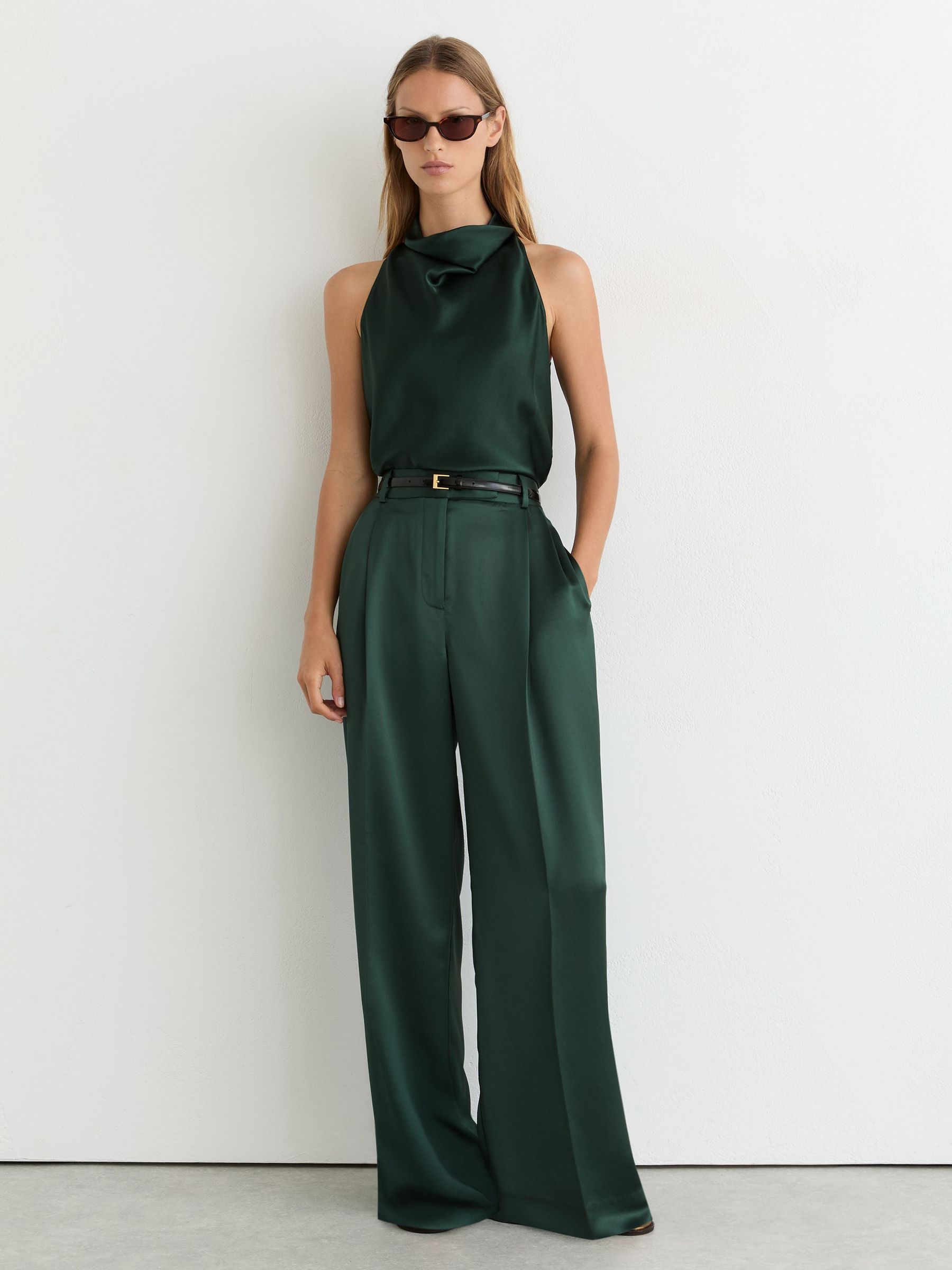 Satin Wide-Leg Pleated Trousers in Teal Green - Image 1 of 6