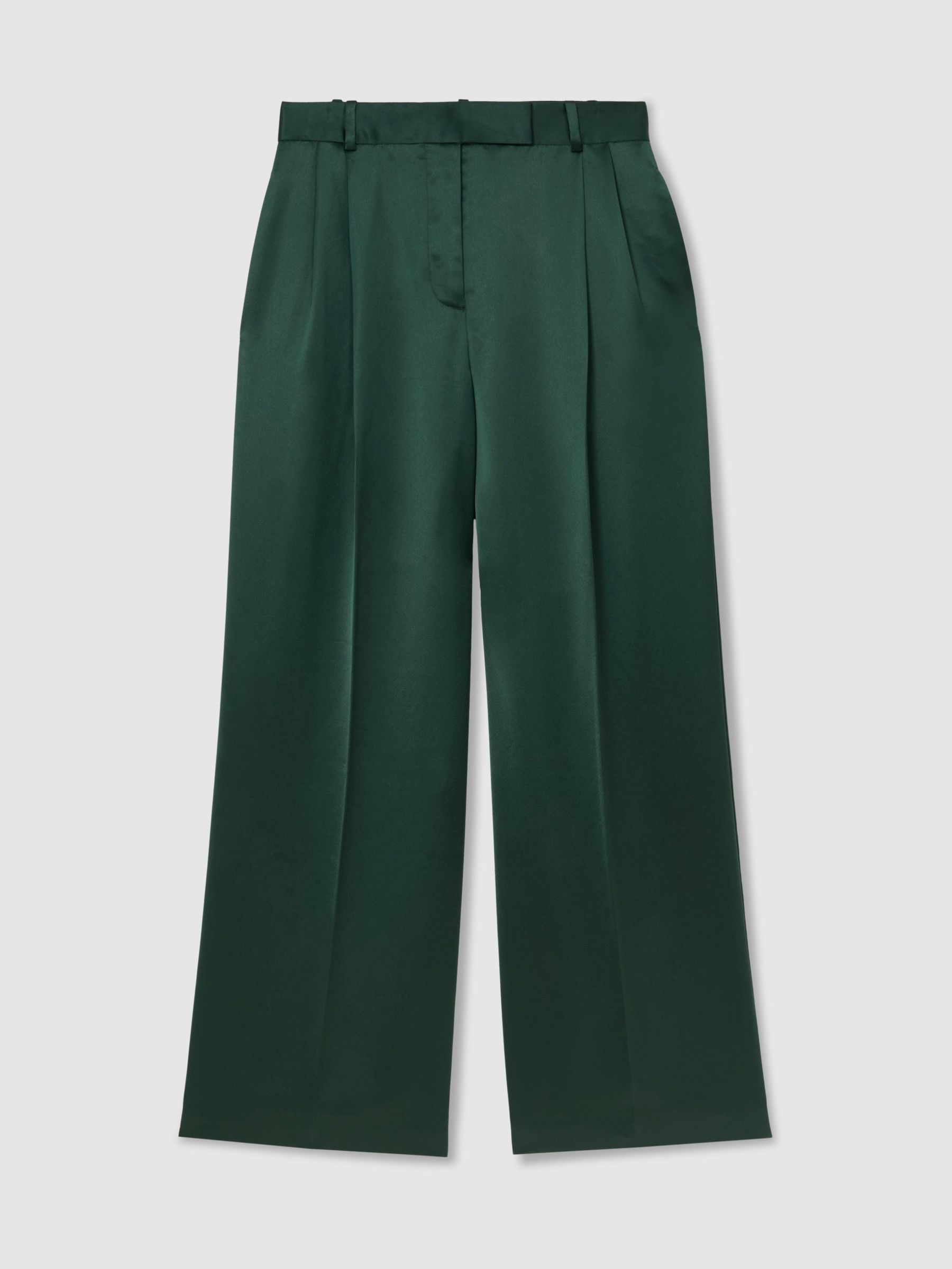 Satin Wide-Leg Pleated Trousers in Teal Green - Image 2 of 6