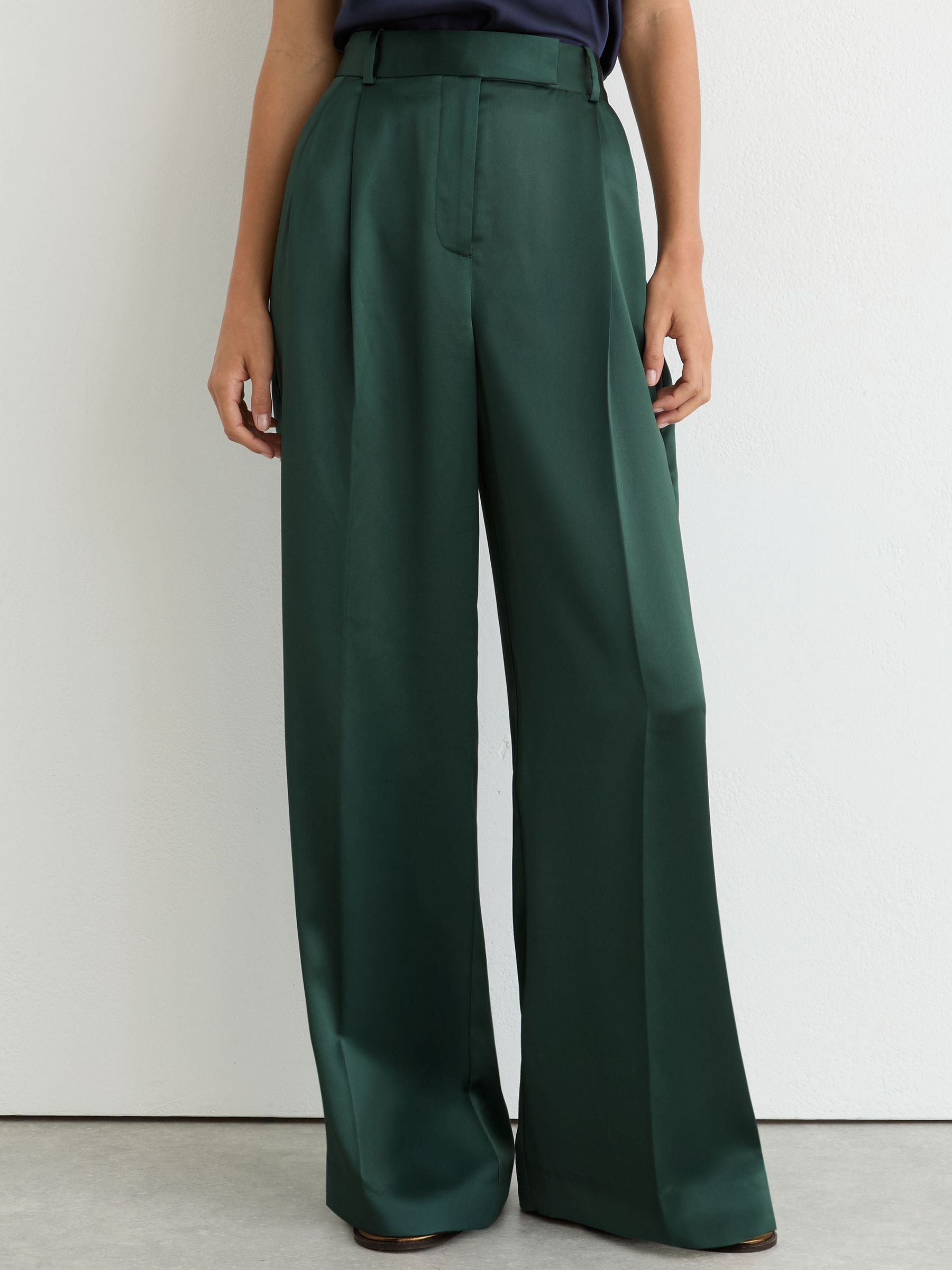 Satin Wide-Leg Pleated Trousers in Teal Green - Image 3 of 6
