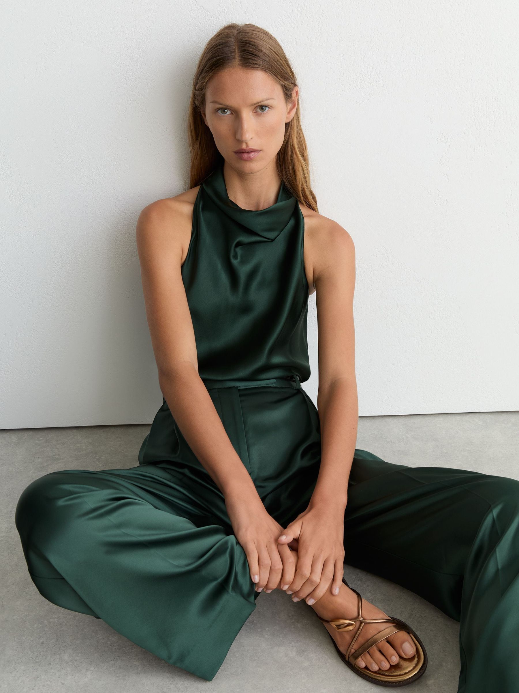 Satin Wide-Leg Pleated Trousers in Teal Green - Image 4 of 6