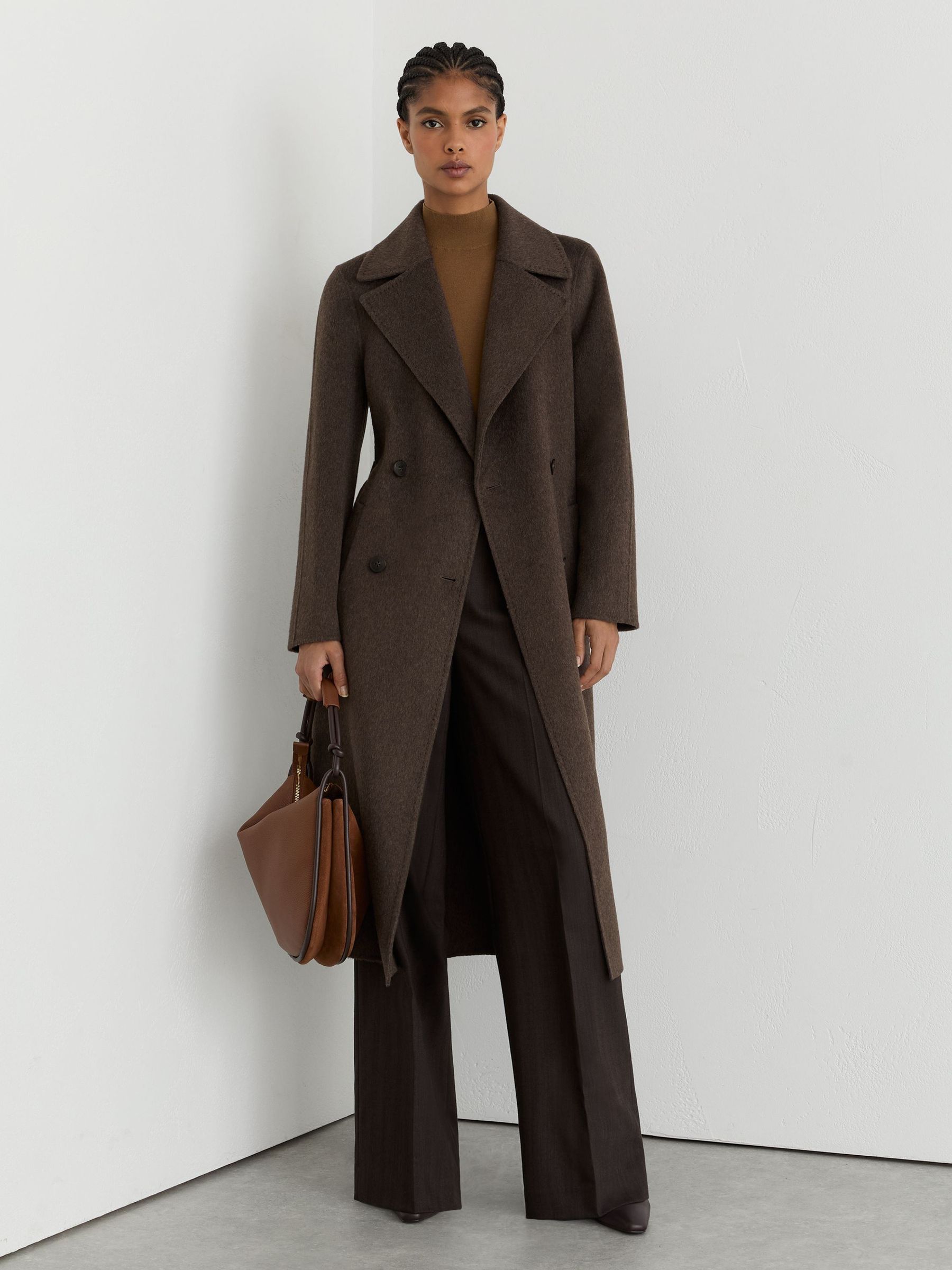 Petite Double-Breasted Blind-Seam Coat Wool-Blend with Cashmere in Mocha Brown - Image 1 of 9