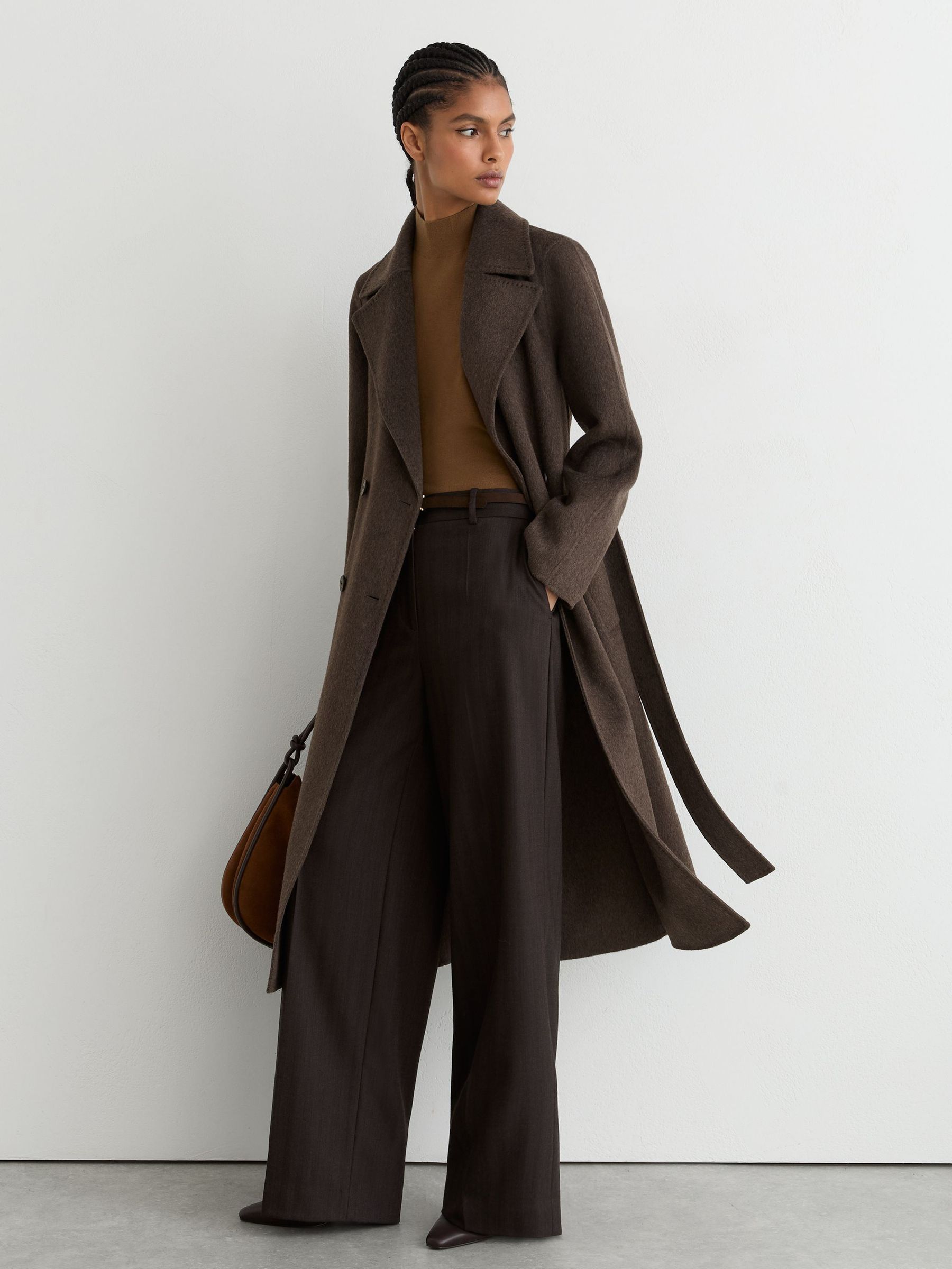 Petite Double-Breasted Blind-Seam Coat Wool-Blend with Cashmere in Mocha Brown - Image 3 of 9