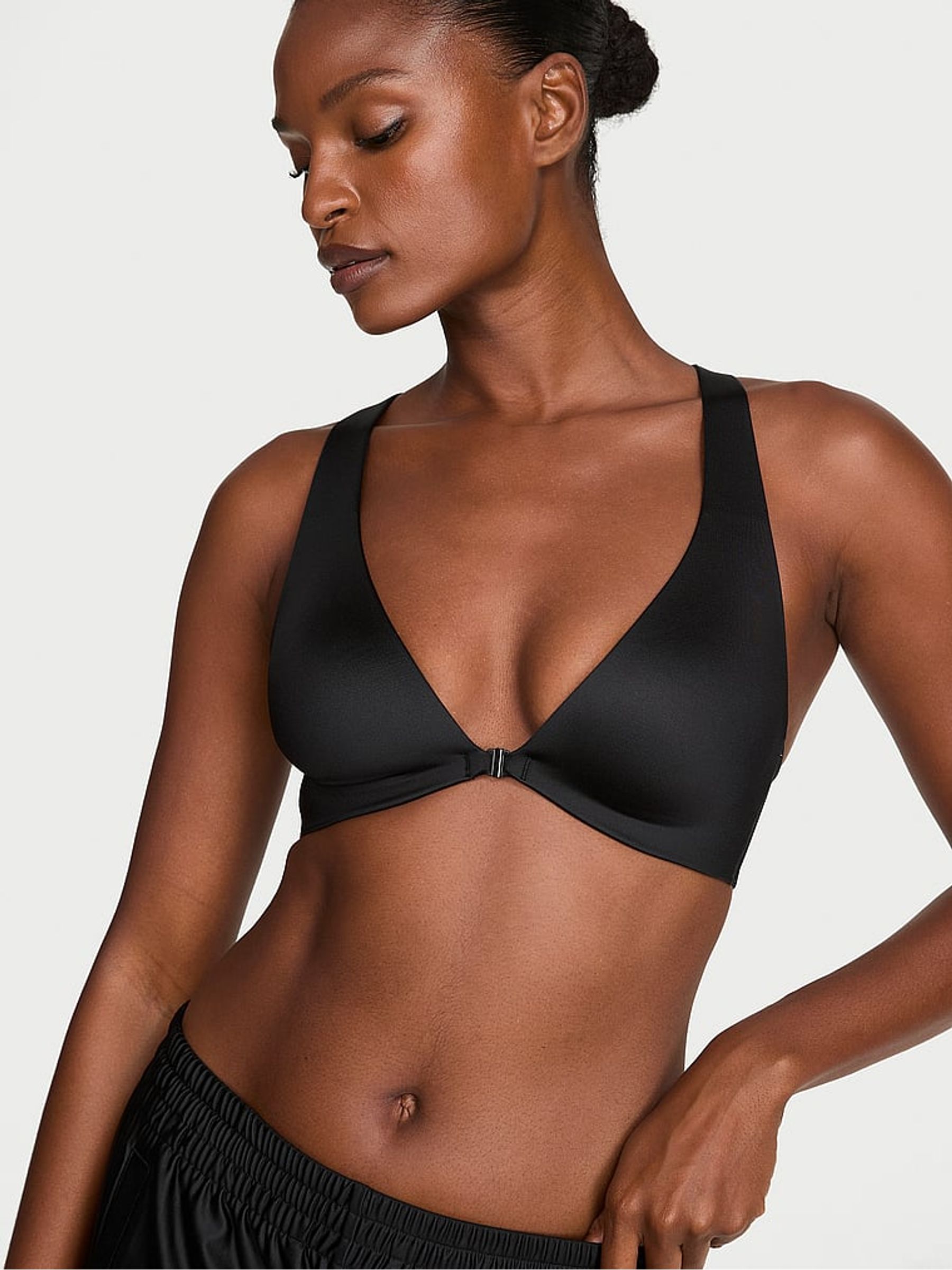 Black GlossyTech™ Plunge Front Close Low Impact Sports Bra - Image 1 of 2