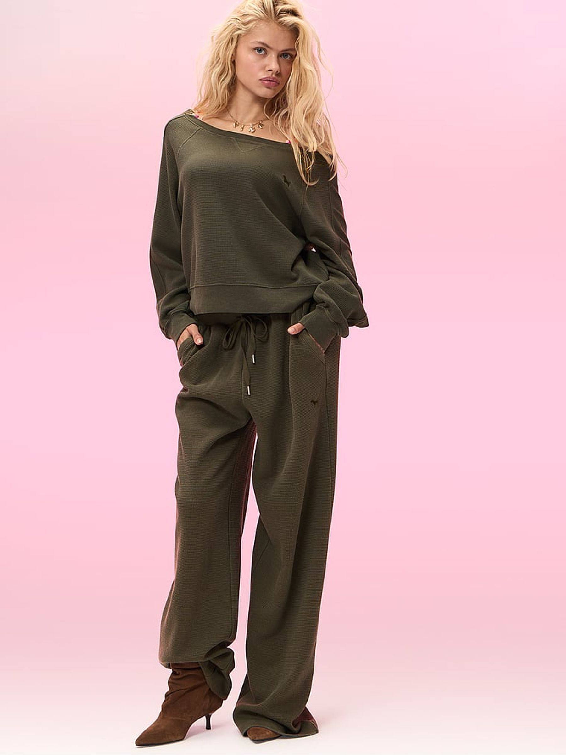 Olive Green Off The Shoulder Waffle Sweatshirt - Image 1 of 3
