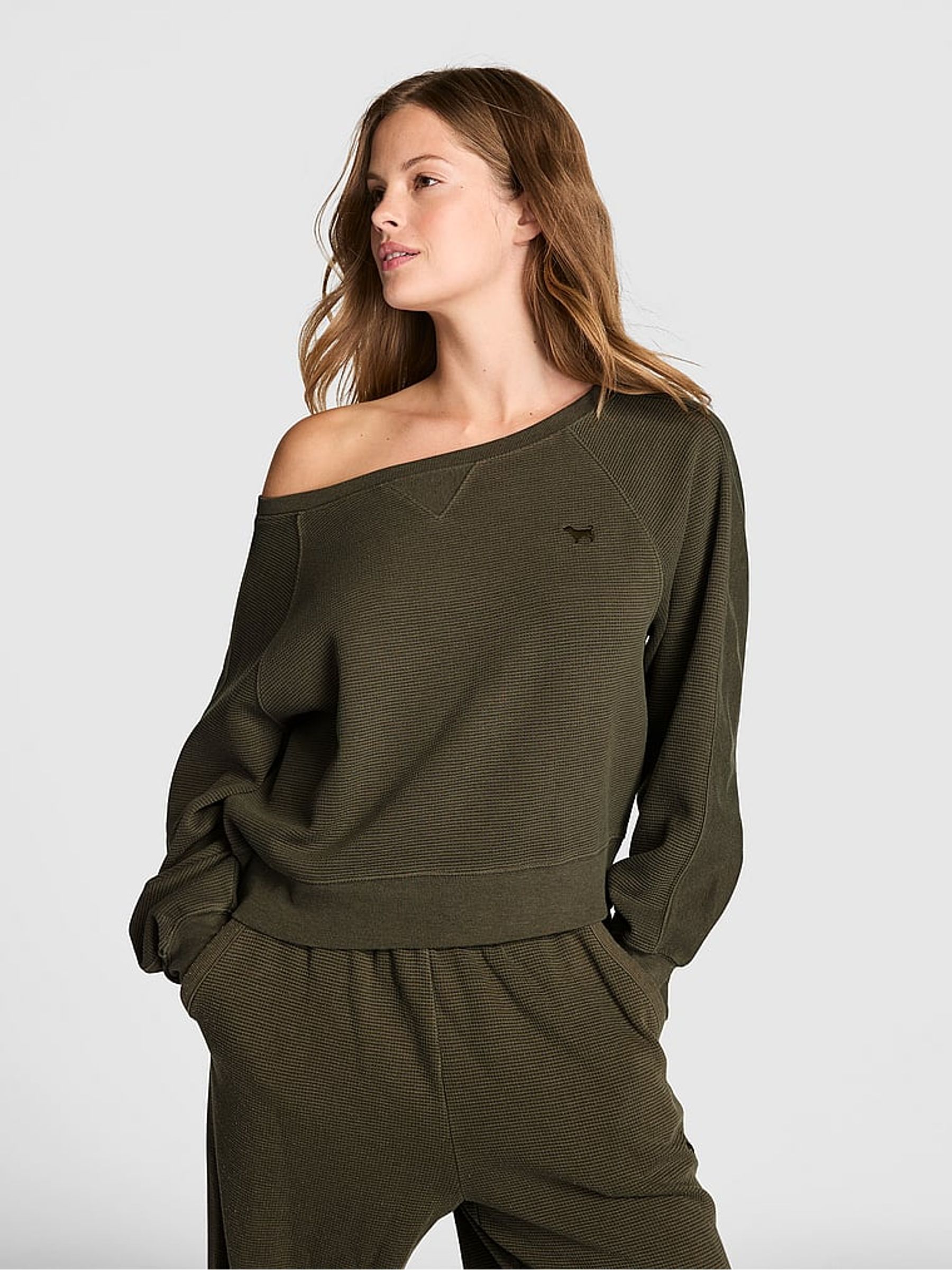 Olive Green Off The Shoulder Waffle Sweatshirt - Image 2 of 3