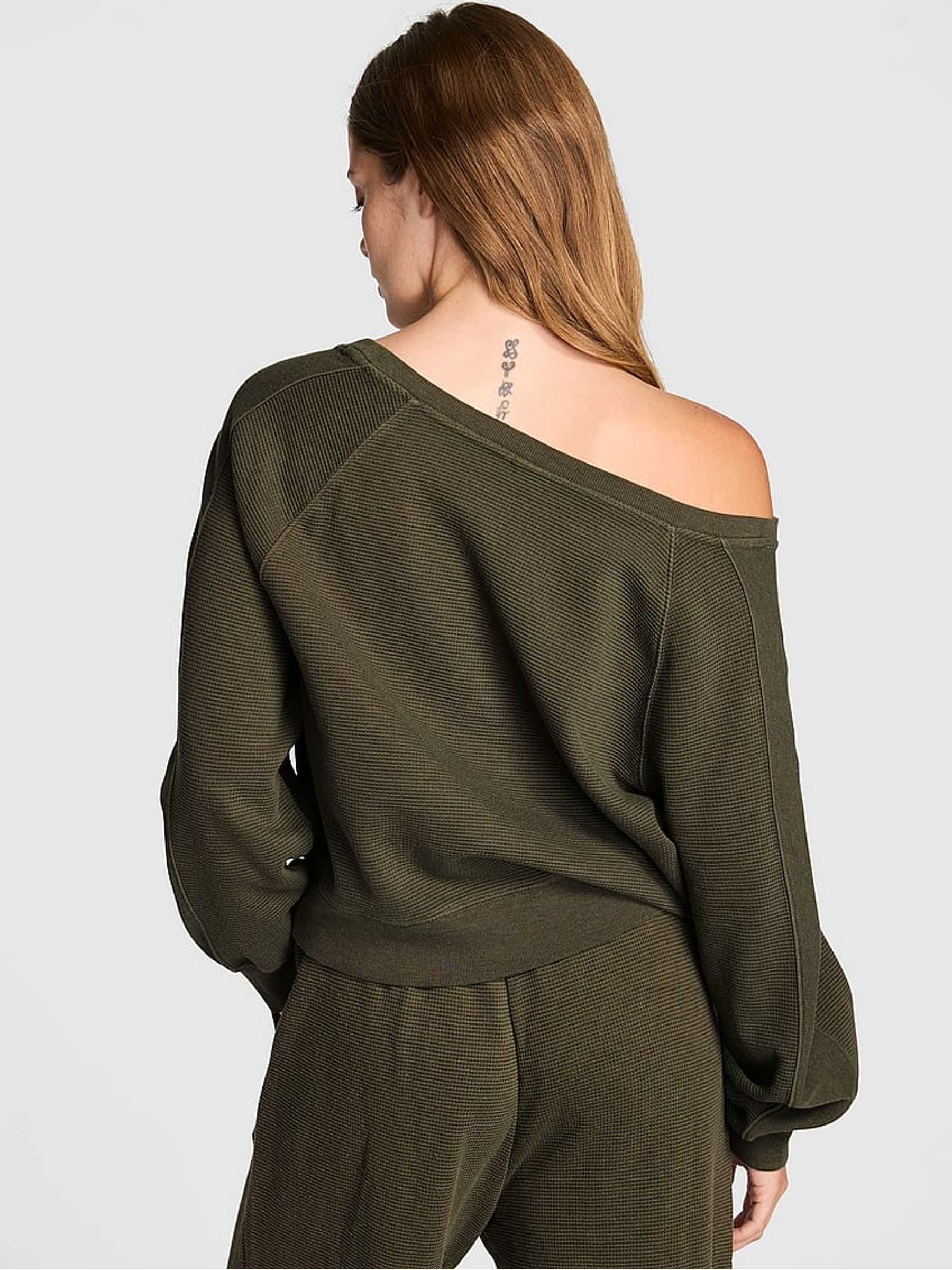 Olive Green Off The Shoulder Waffle Sweatshirt - Image 3 of 3