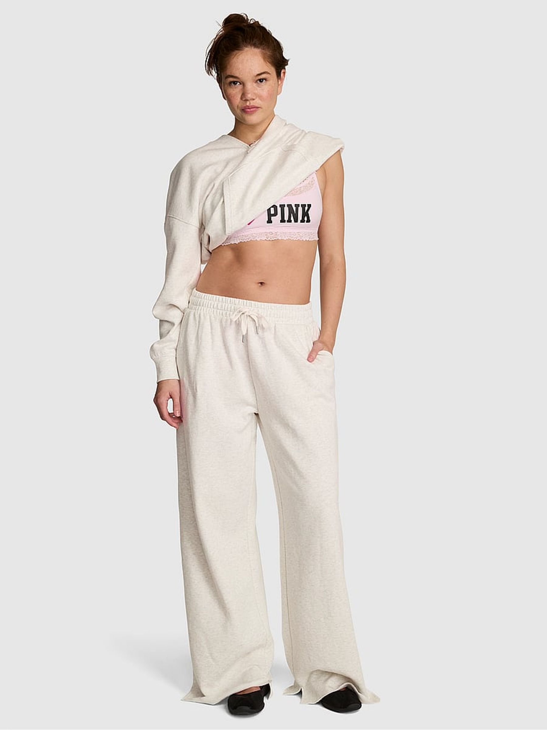 Snow Heather Grey/Pink Wide Leg Fleece Joggers - Image 1 of 2