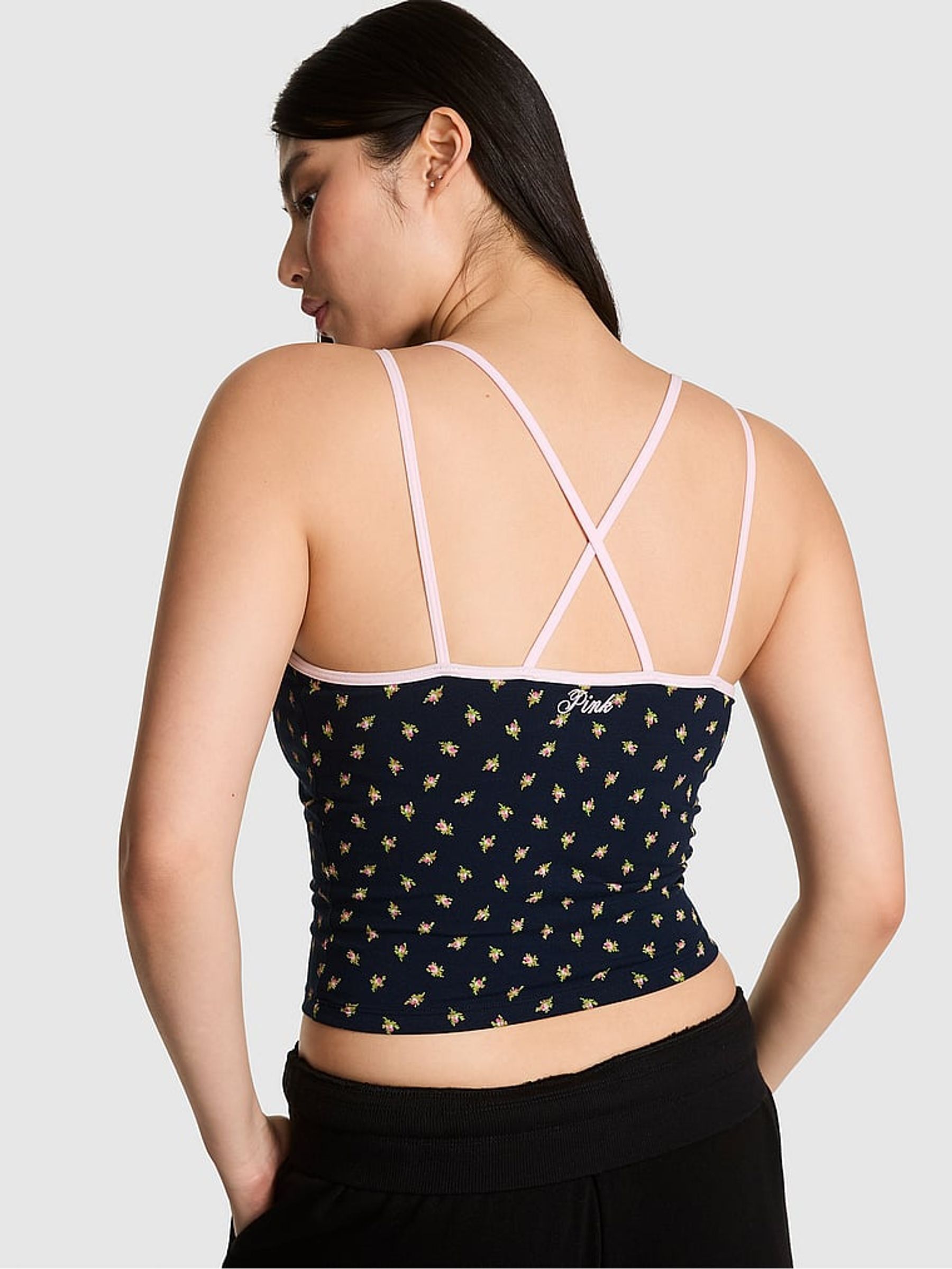 Navy Blue Foral Print Cotton Cross Back Tank Top - Image 2 of 2