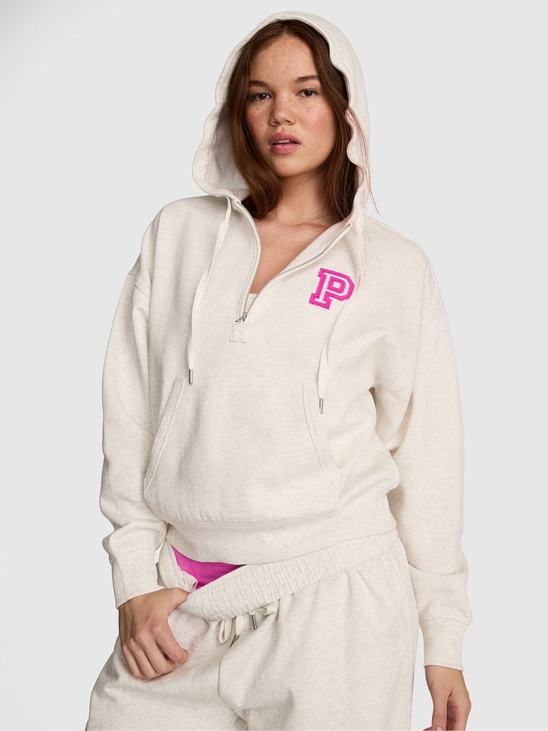 Snow Heather Grey/Pink Quarter Zip Fleece Hoodie - Image 1 of 2