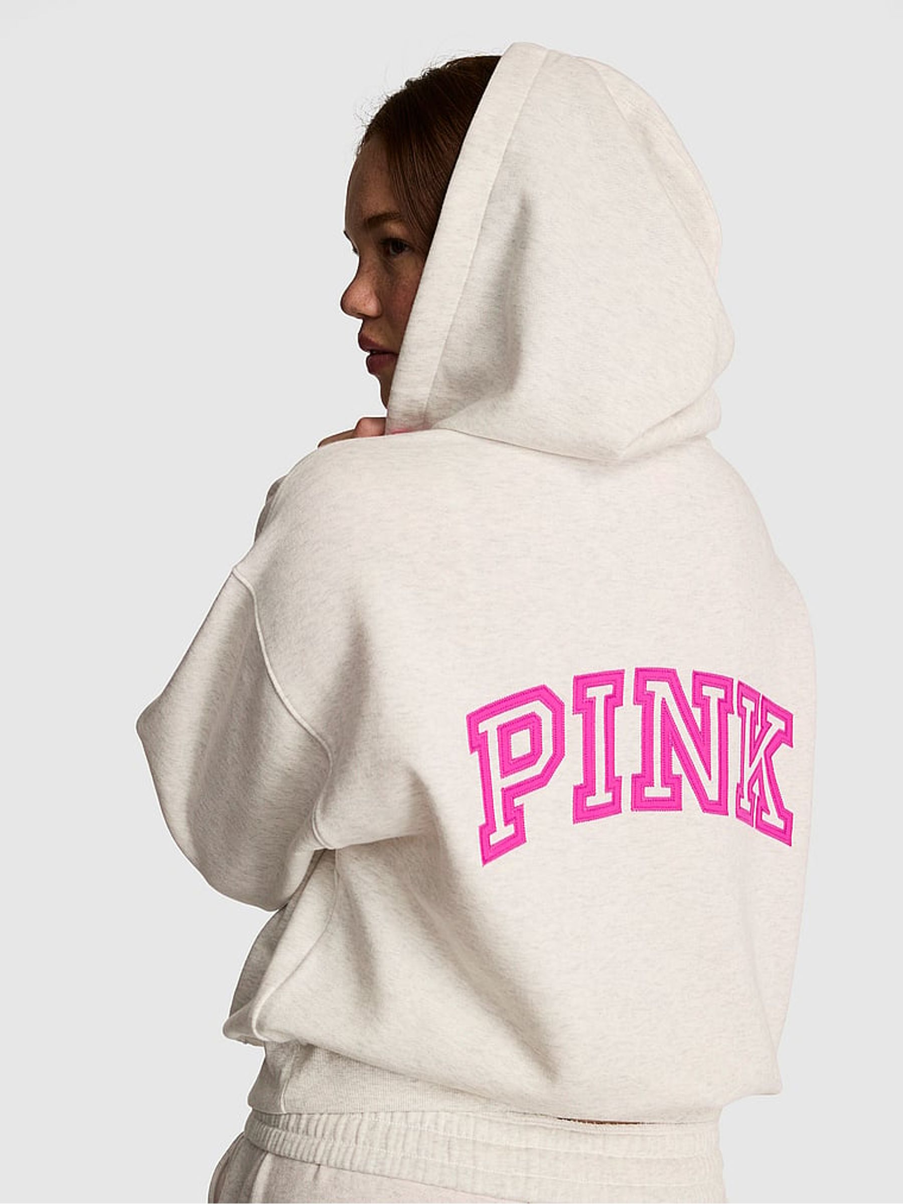 Snow Heather Grey/Pink Quarter Zip Fleece Hoodie - Image 2 of 2 Snow Heather Grey/Pink Quarter Zip Fleece Hoodie - Image 2 of 2
