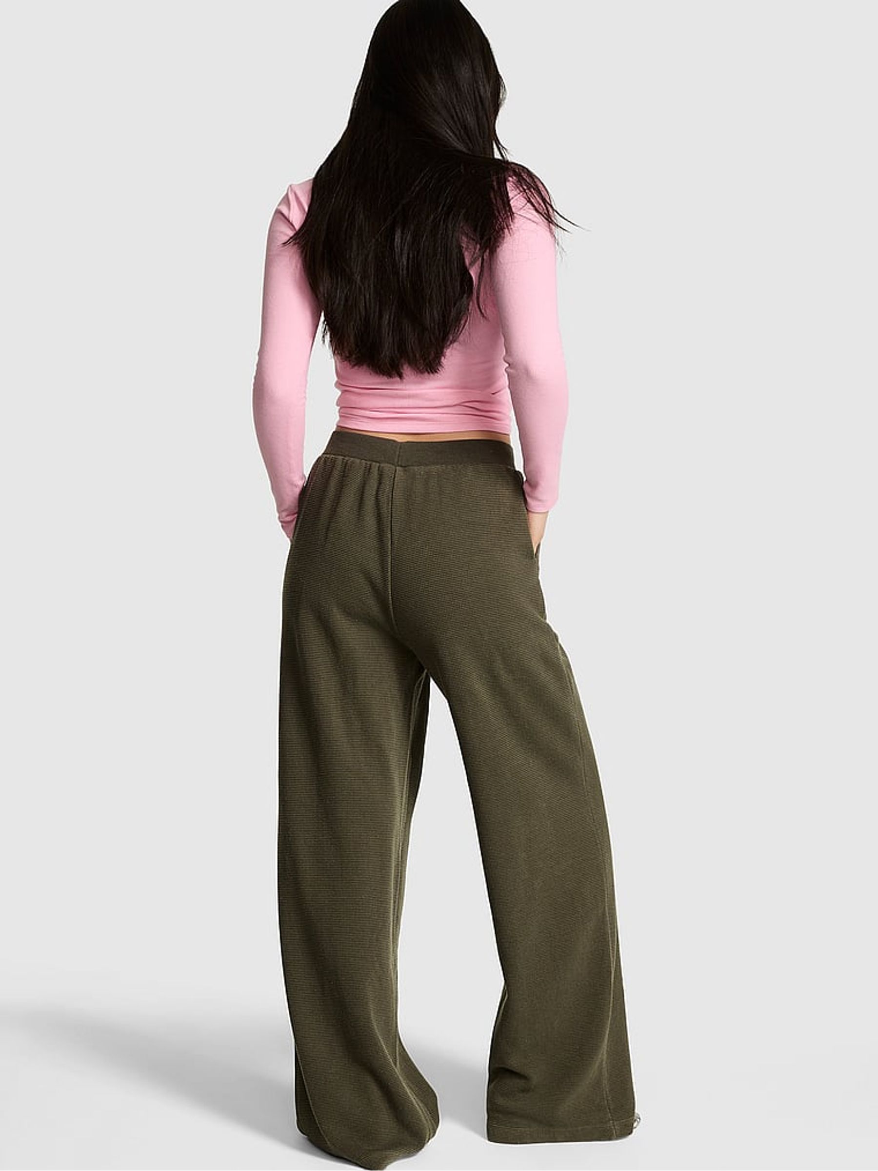 Olive Green Wide Leg Oversized Waffle Joggers - Image 2 of 2
