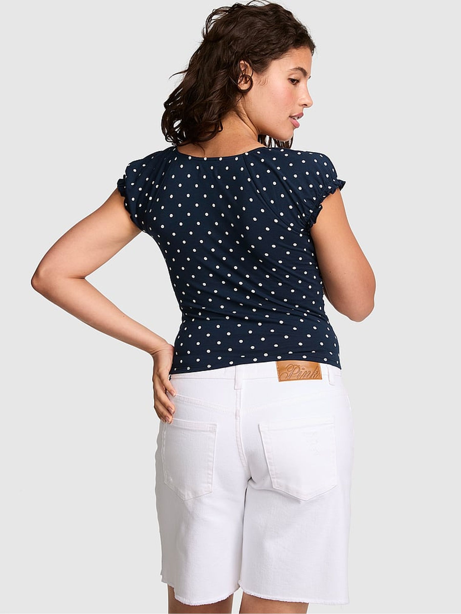 Navy Blue Polka Dots Ruched Plunge ButtonUp Top - Image 2 of 2 Navy Blue Polka Dots Ruched Plunge ButtonUp Top - Image 2 of 2