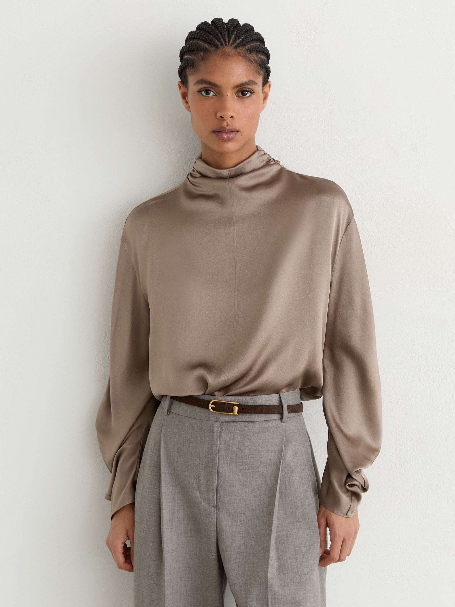 Silk High-Neck Blouse in Neutral - Image 1 of 8