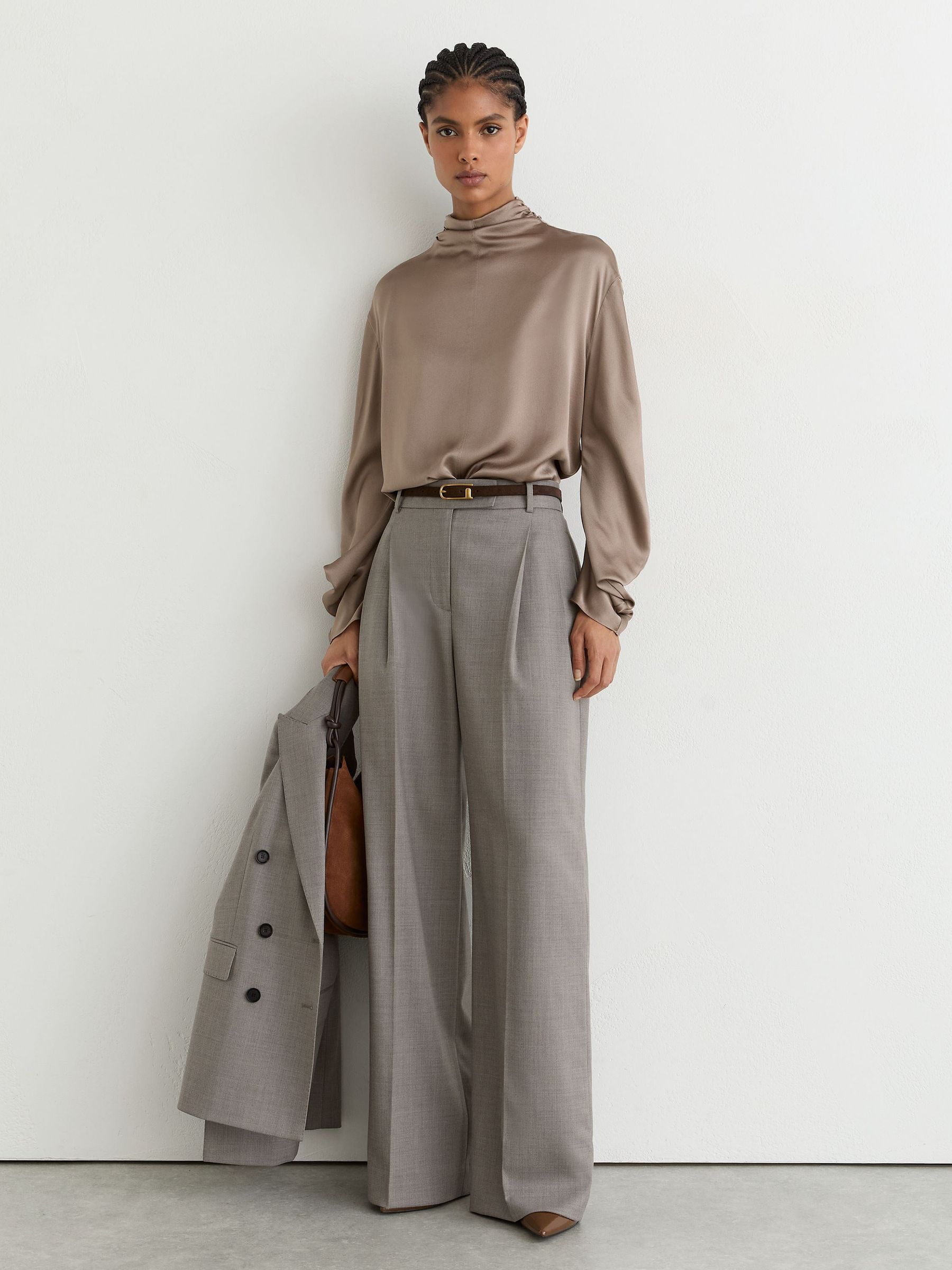 Silk High-Neck Blouse in Neutral - Image 3 of 8