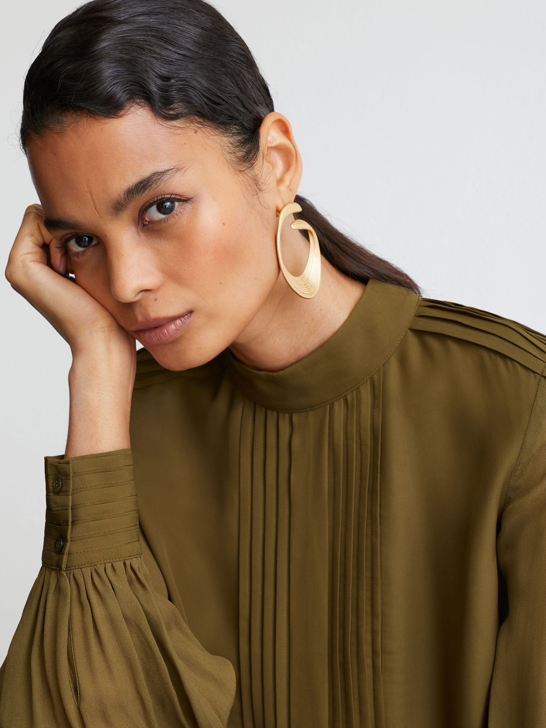 Pintuck-Detail Tie-Back Blouse in Khaki Green - Image 3 of 7
