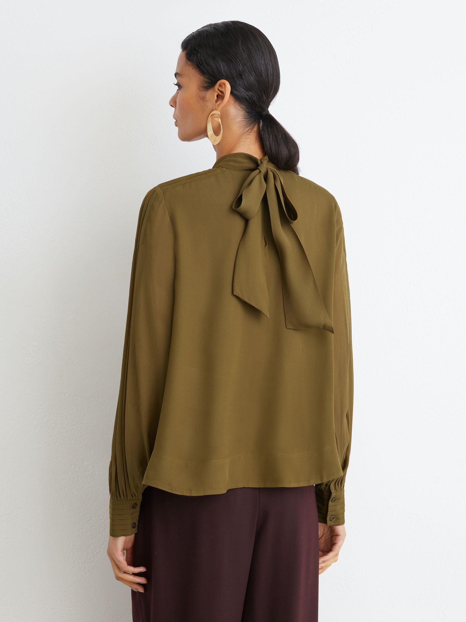 Pintuck-Detail Tie-Back Blouse in Khaki Green - Image 4 of 7