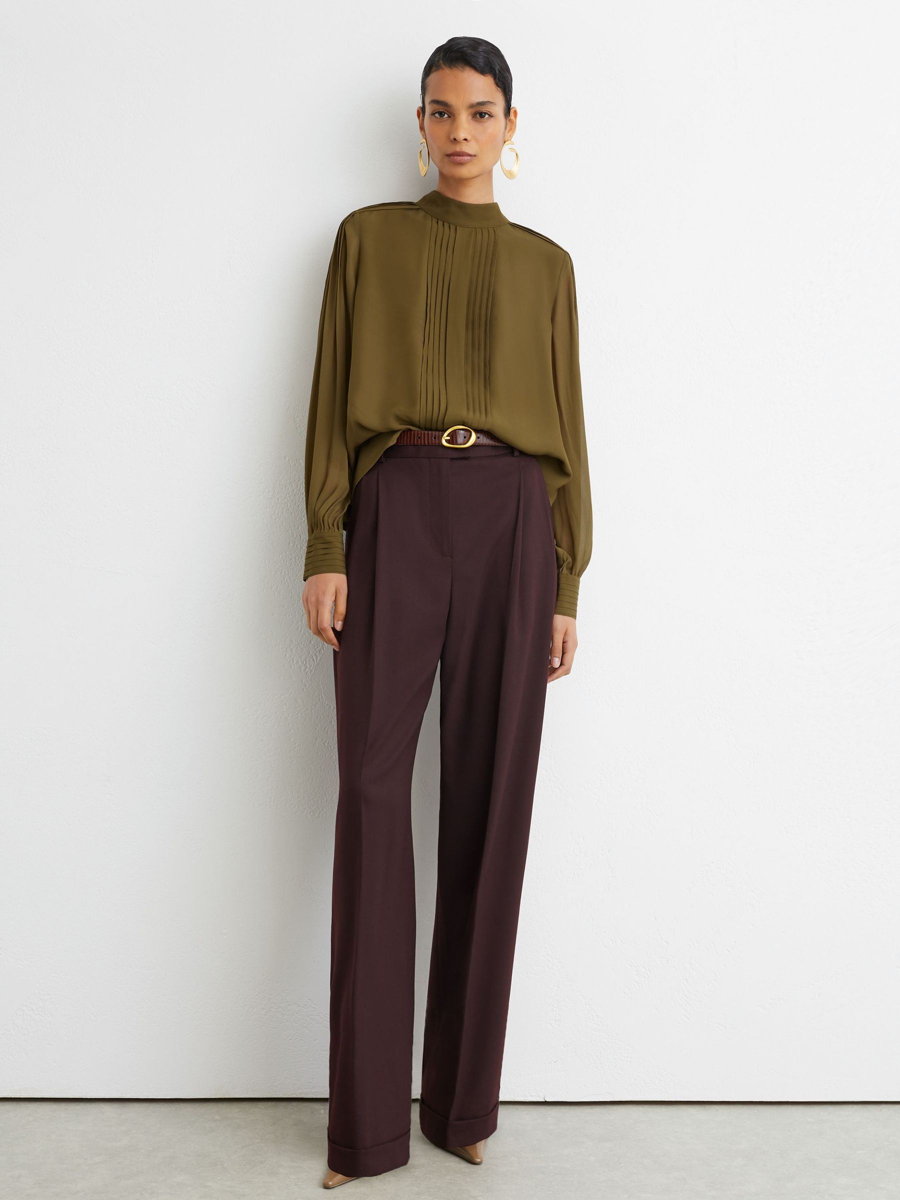 Pintuck-Detail Tie-Back Blouse in Khaki Green - Image 5 of 7