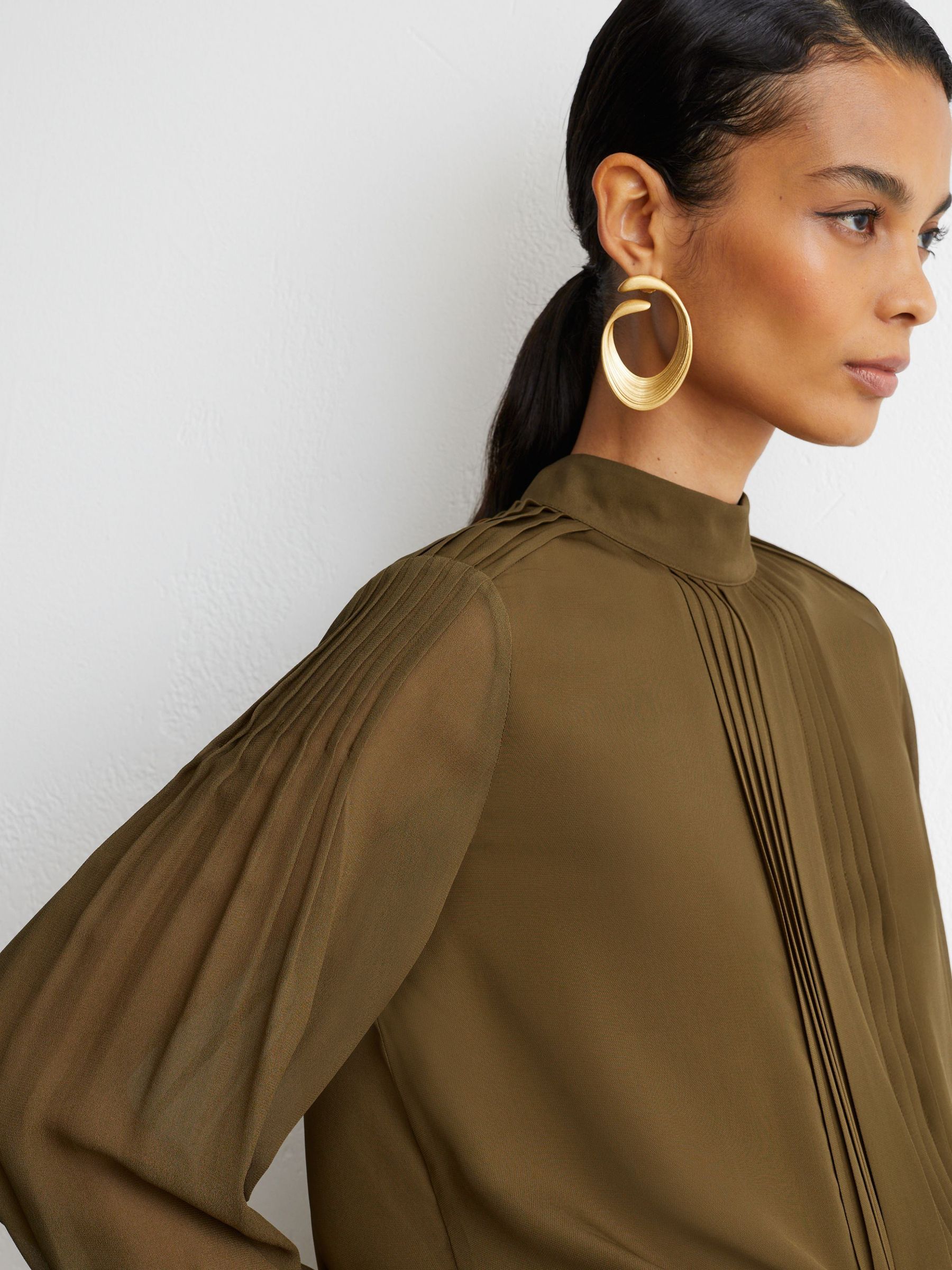 Pintuck-Detail Tie-Back Blouse in Khaki Green - Image 6 of 7
