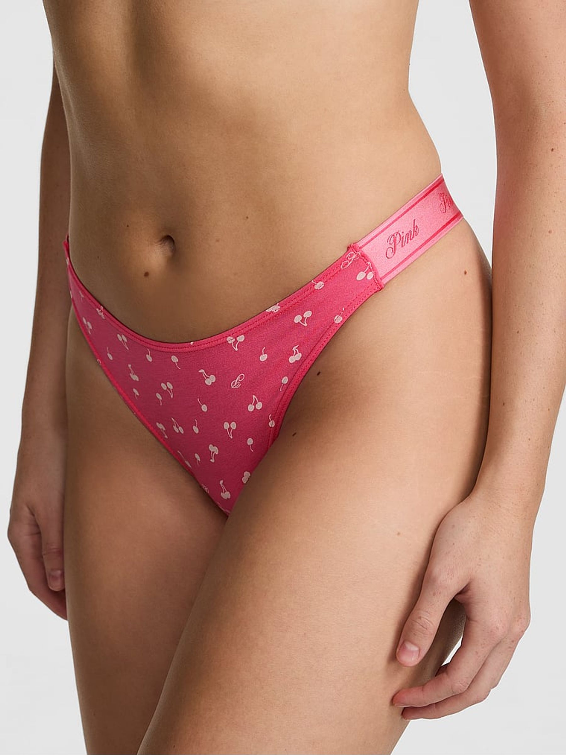 Love Me Pink Cherry Print Mini Scoop Thong Cotton Logo Knickers - Image 1 of 2 Love Me Pink Cherry Print Mini Scoop Thong Cotton Logo Knickers - Image 1 of 2