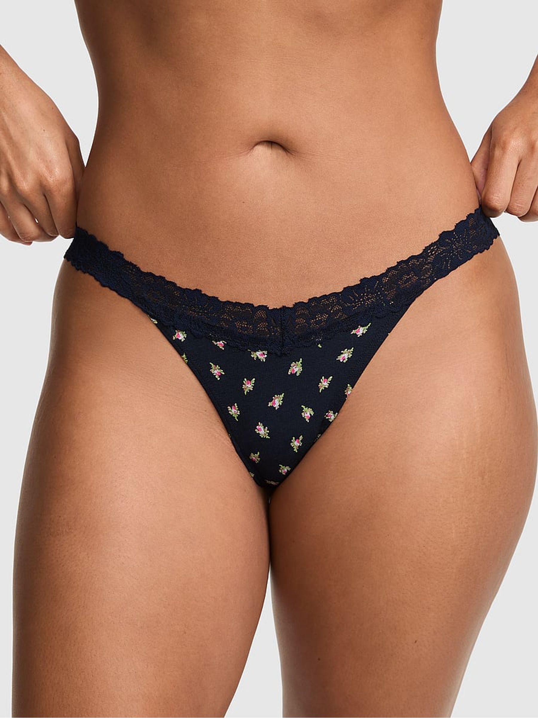 Noir Navy Blue Floral Print Thong Cotton Heather Lace Trim Knickers - Image 2 of 3