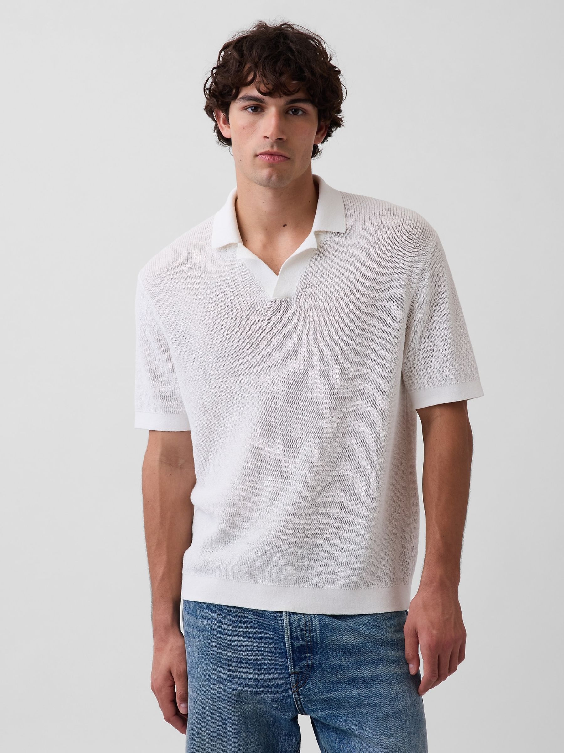 White Linen-Blend Knitted Polo Shirt - Image 1 of 4