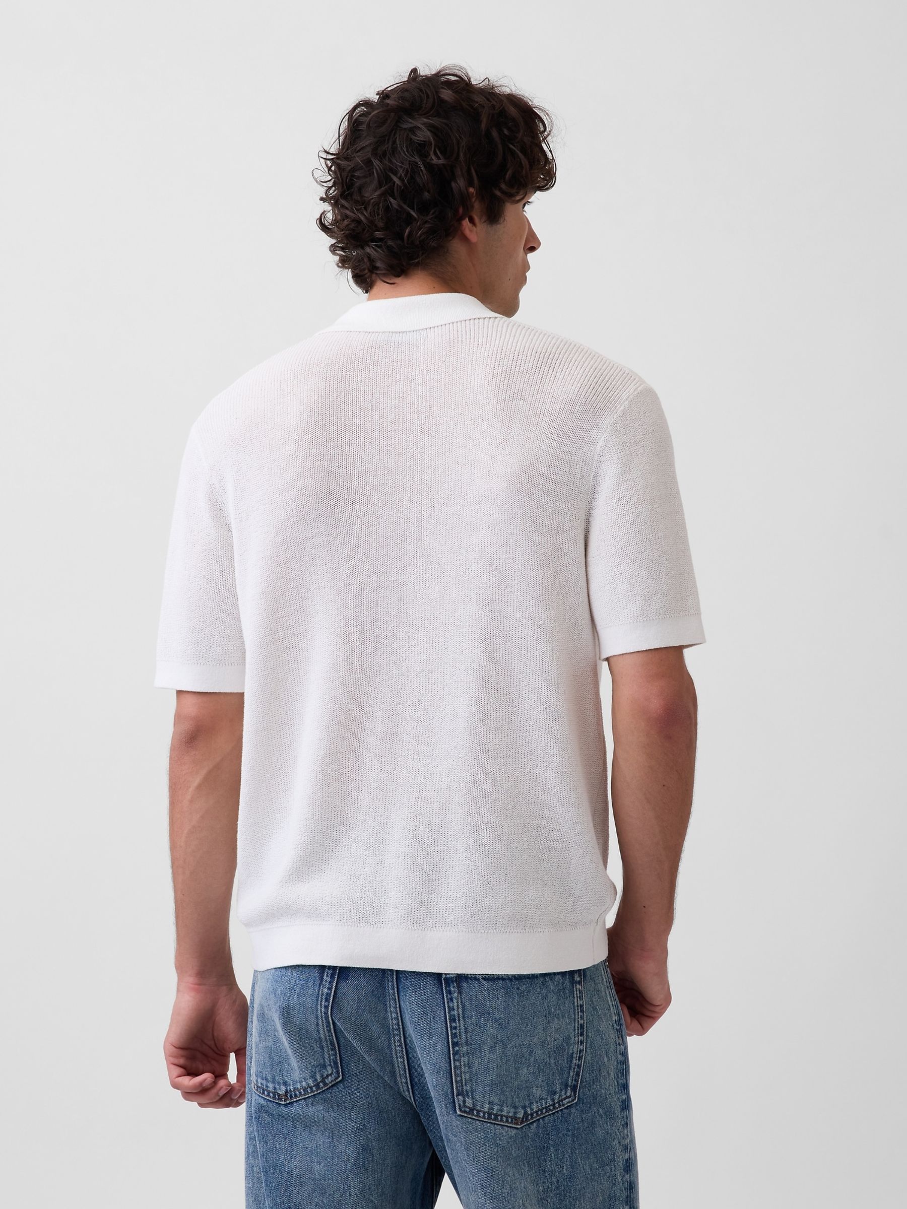 White Linen-Blend Knitted Polo Shirt - Image 2 of 4