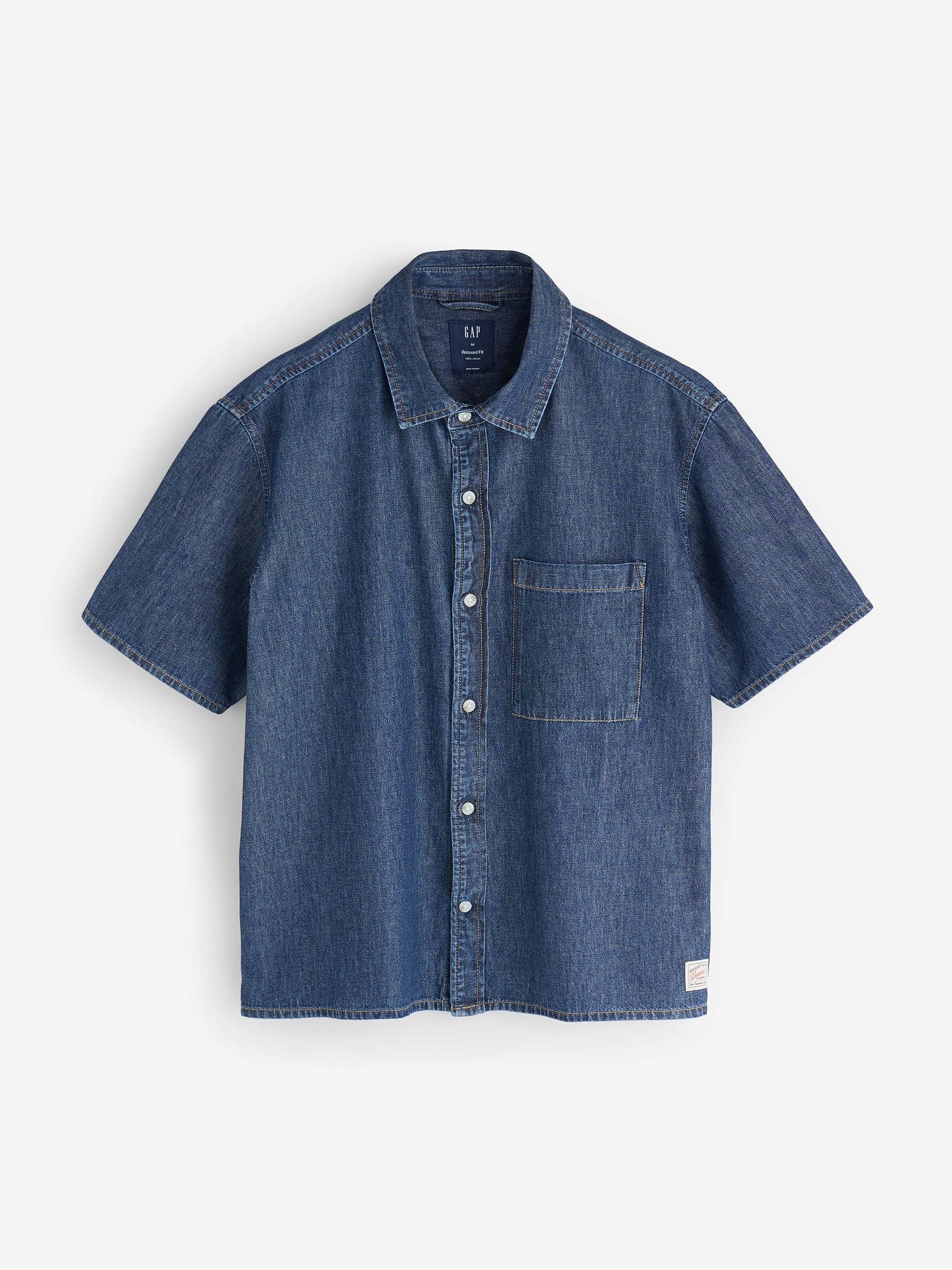 Dark Wash Denim Relaxed Short Sleeve Shirt - Image 1 of 5 Dark Wash Denim Relaxed Short Sleeve Shirt - Image 1 of 5