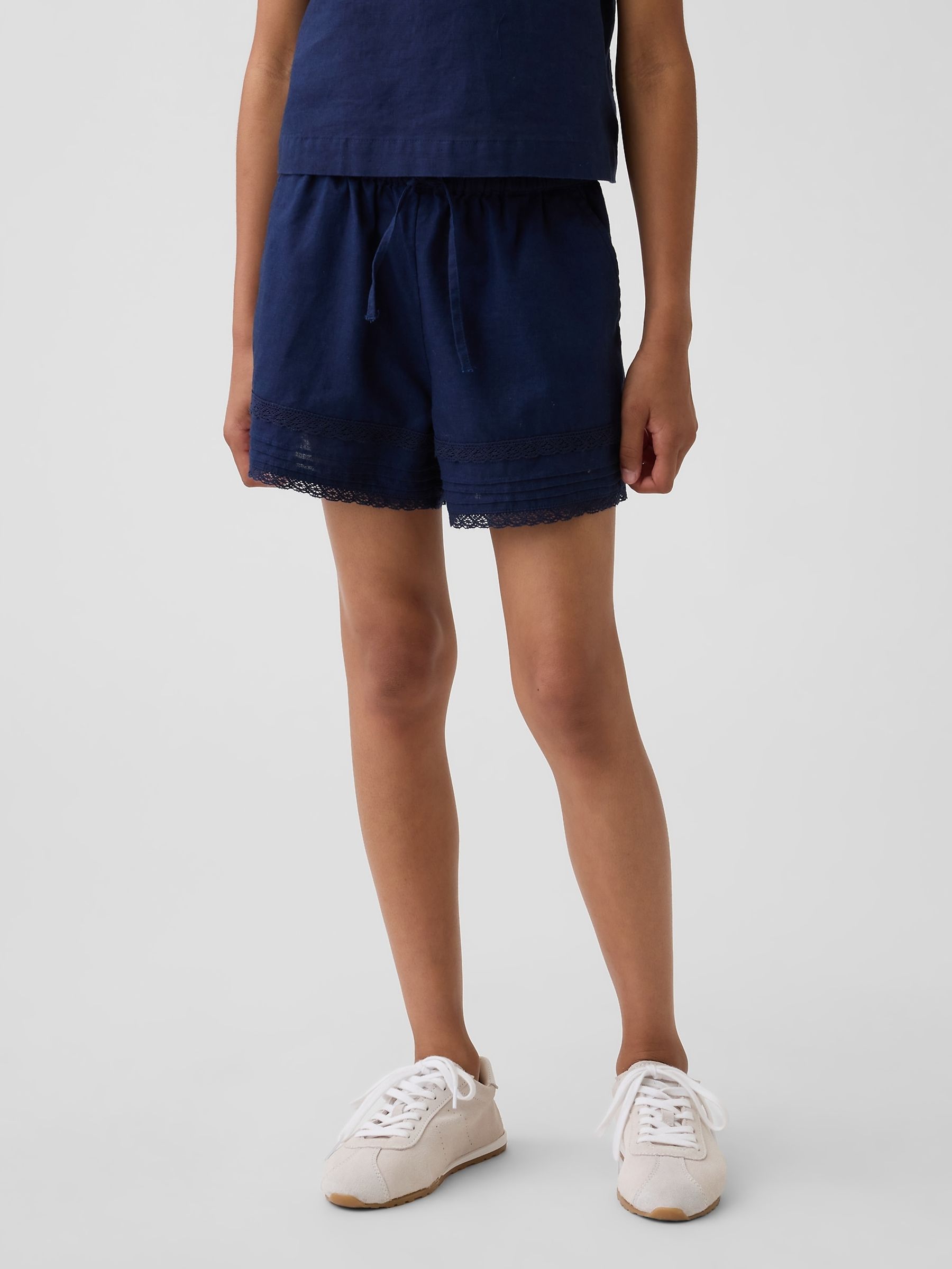 Blue Linen-Cotton Lace-Trim Easy Shorts - Image 1 of 5