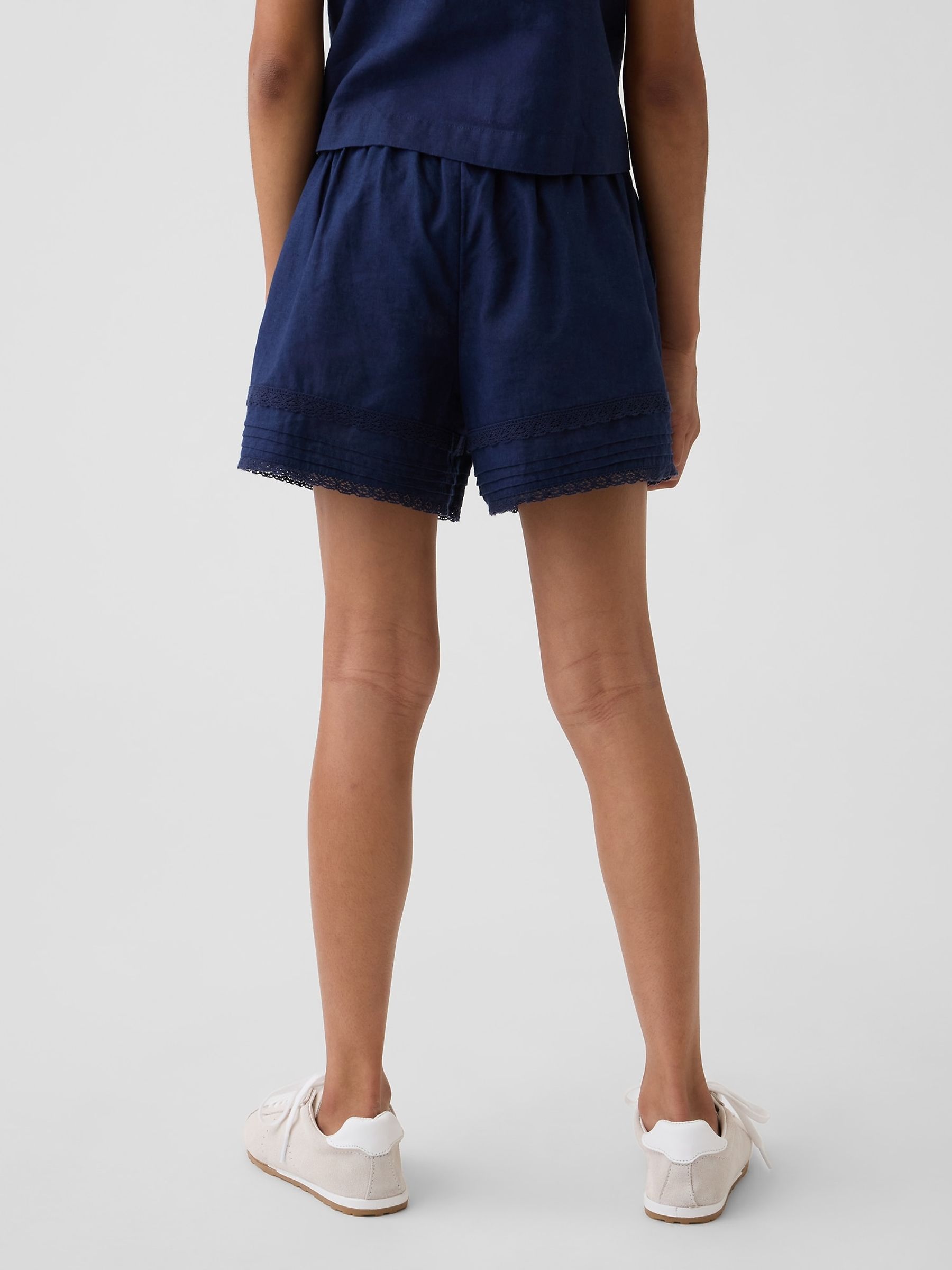Blue Linen-Cotton Lace-Trim Easy Shorts - Image 2 of 5
