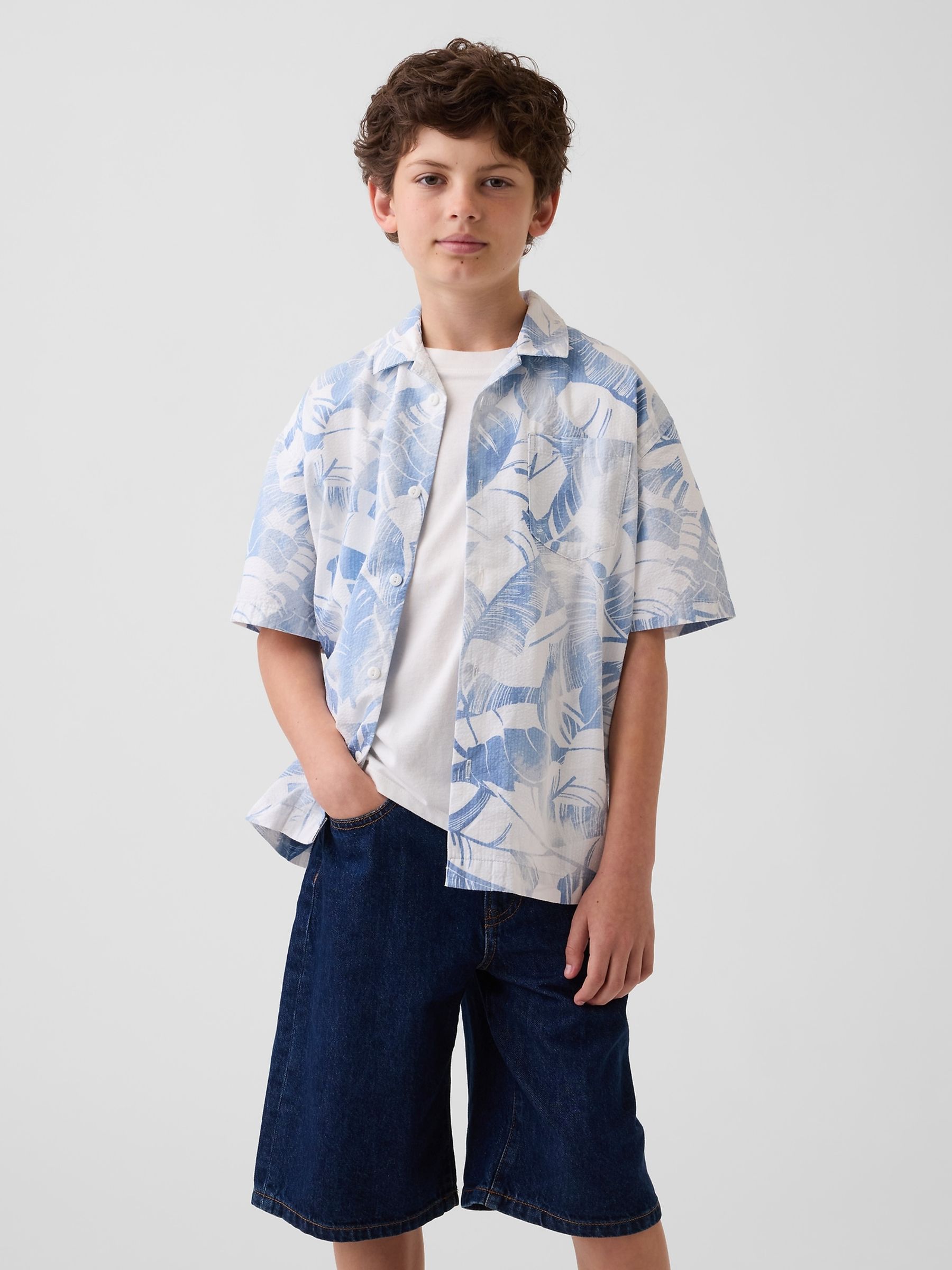 Blue Textured Floral Relaxed Holiday Short Sleeve Shirt - Image 1 of 4