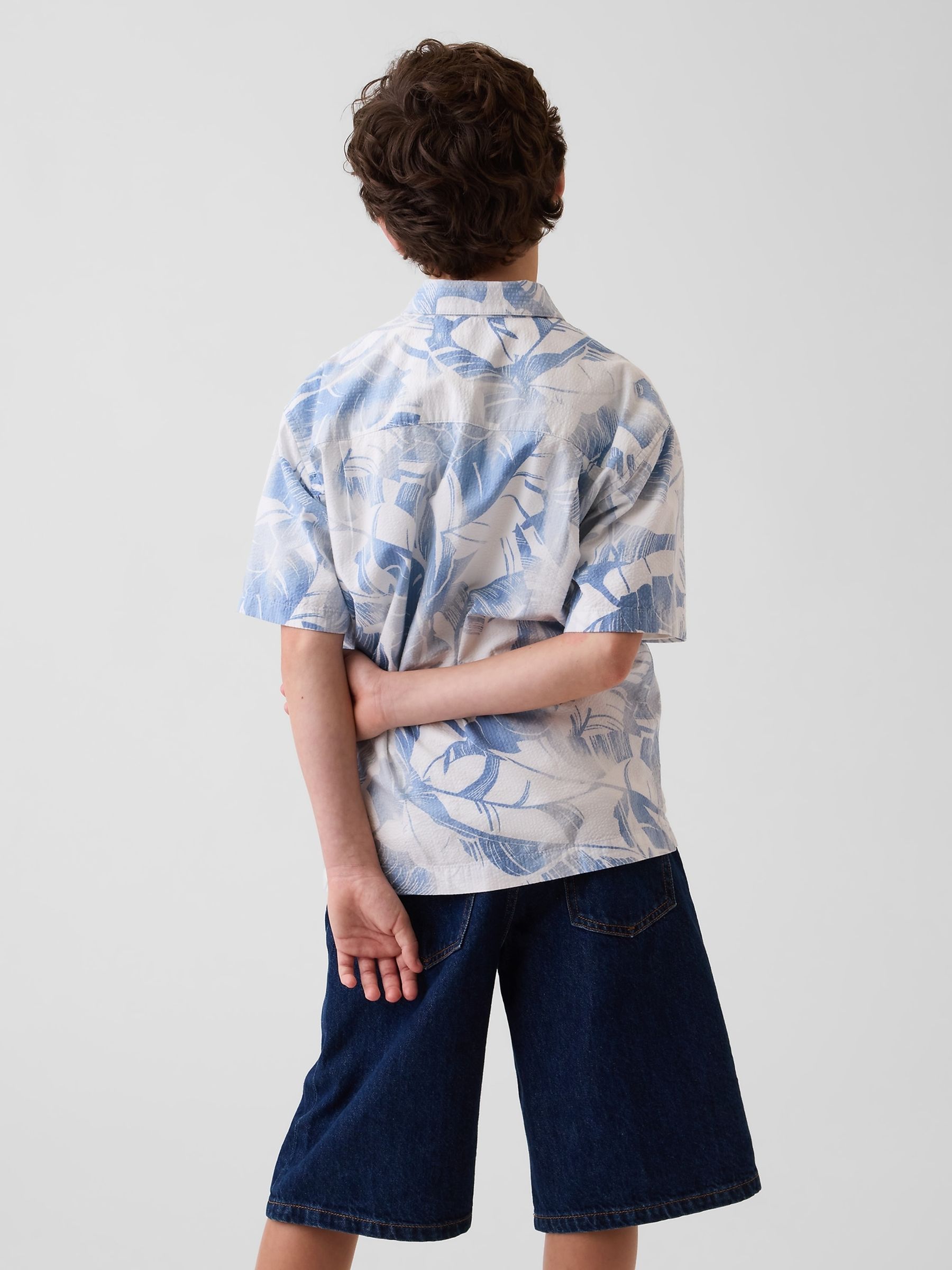 Blue Textured Floral Relaxed Holiday Short Sleeve Shirt - Image 2 of 4