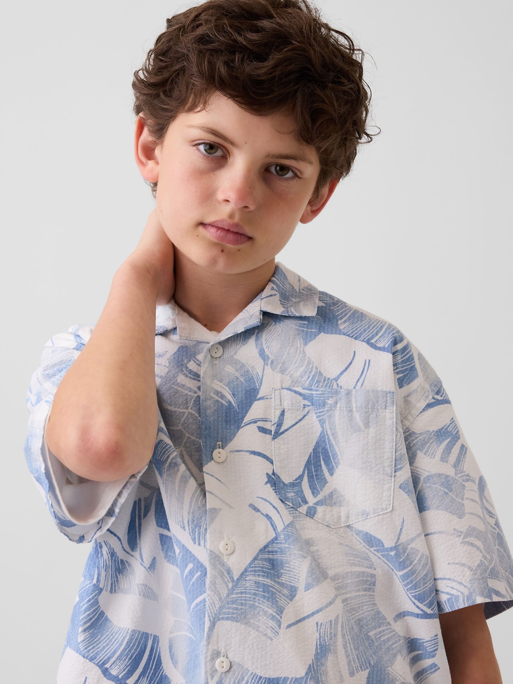 Blue Textured Floral Relaxed Holiday Short Sleeve Shirt - Image 3 of 4