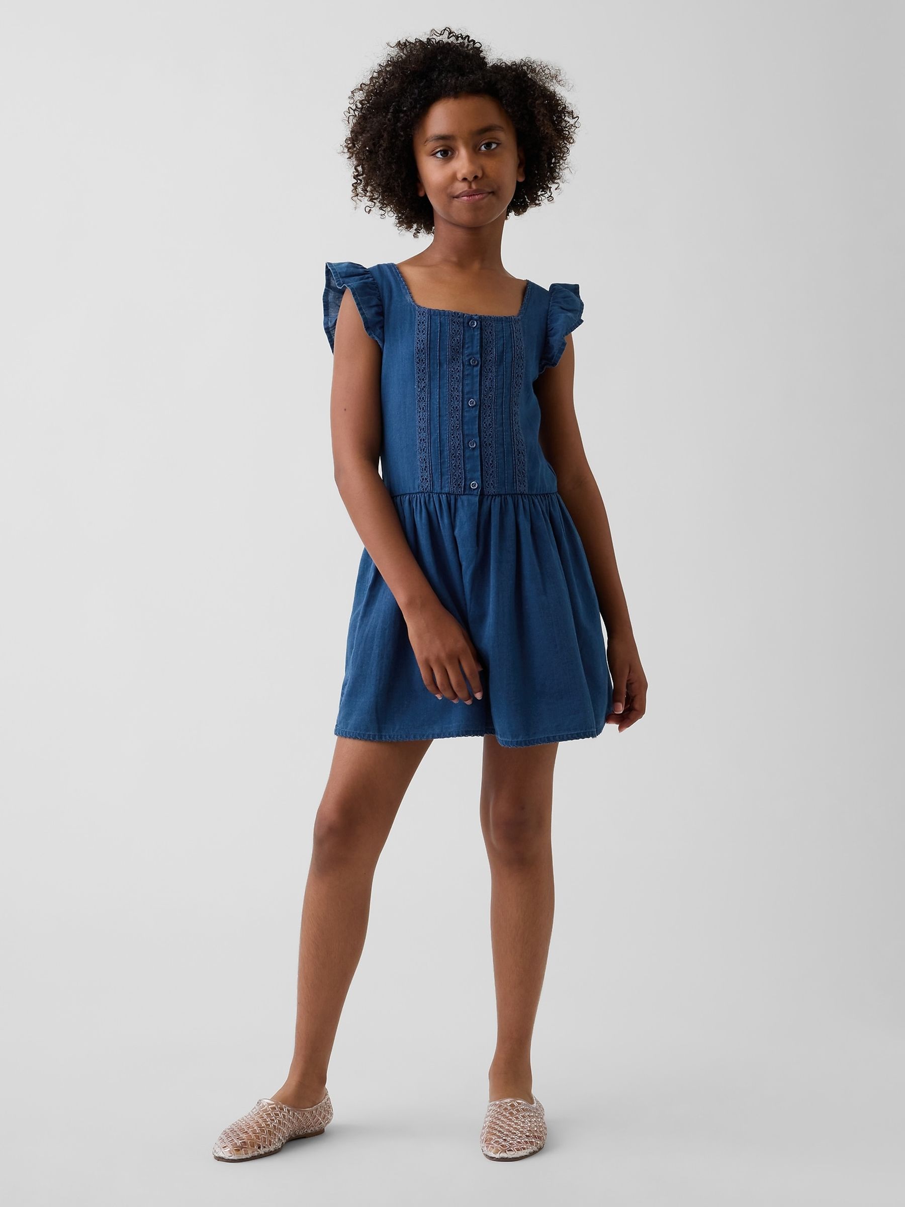 Blue Flutter-Sleeve Lace-Trim Dress - Image 1 of 4